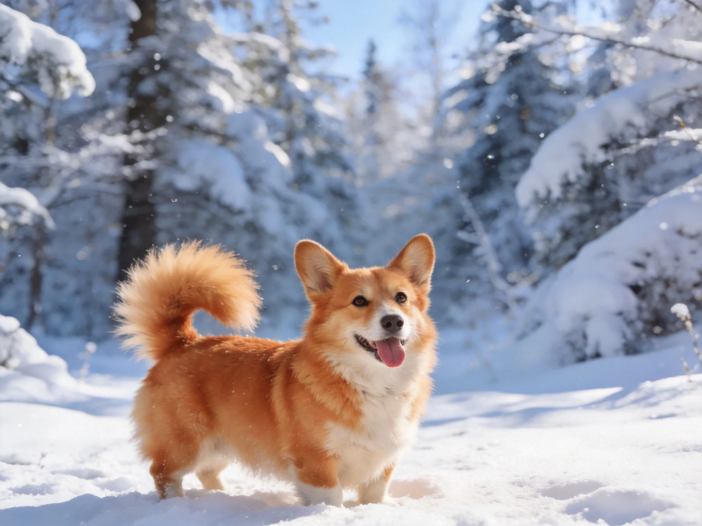 A cheerful tan corgi stands in a snow - filled forest with frosty evergreens