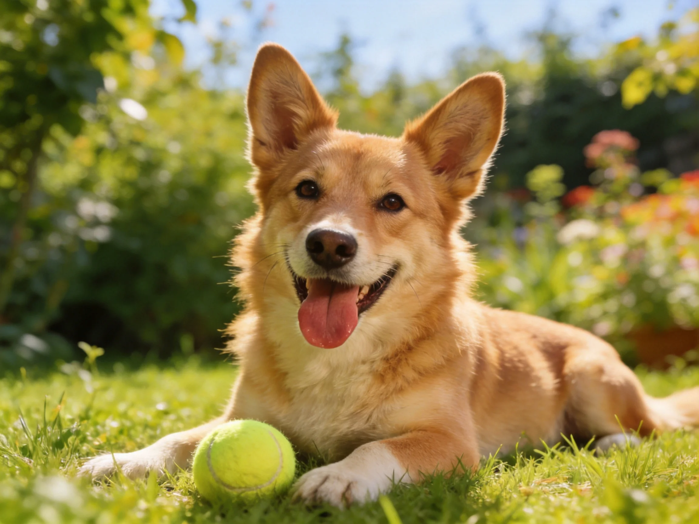 A happy tan dog relaxes beside a bright yellow tennis ball in a sunlit garden.