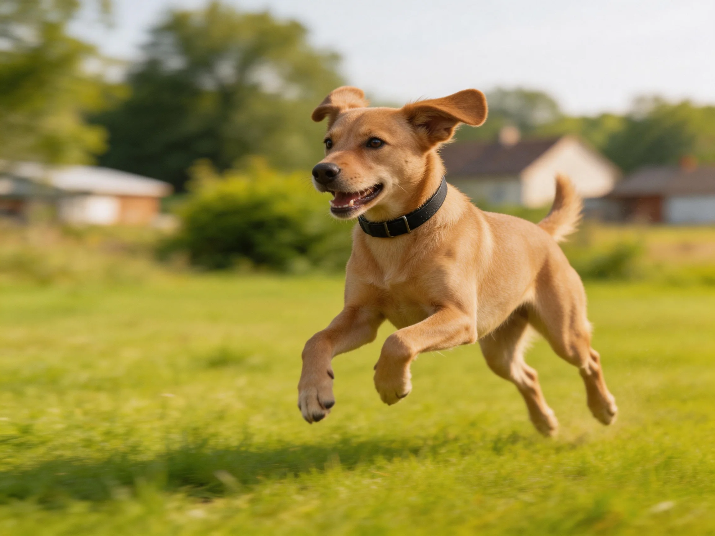 A cheerful tan dog runs energetically on a bright green lawn with houses nearby