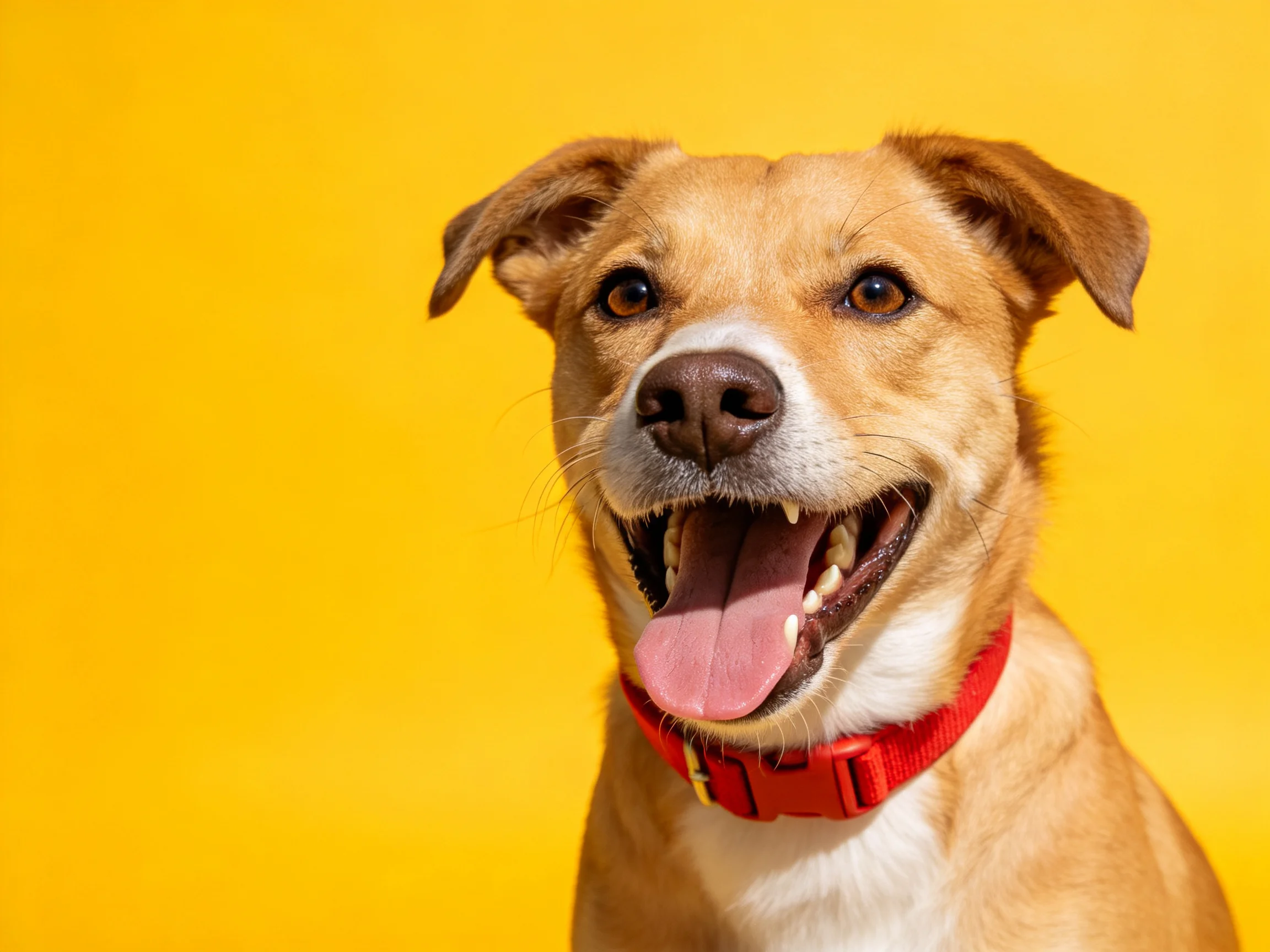 A cheerful tan dog with a red collar against a bright yellow backdrop