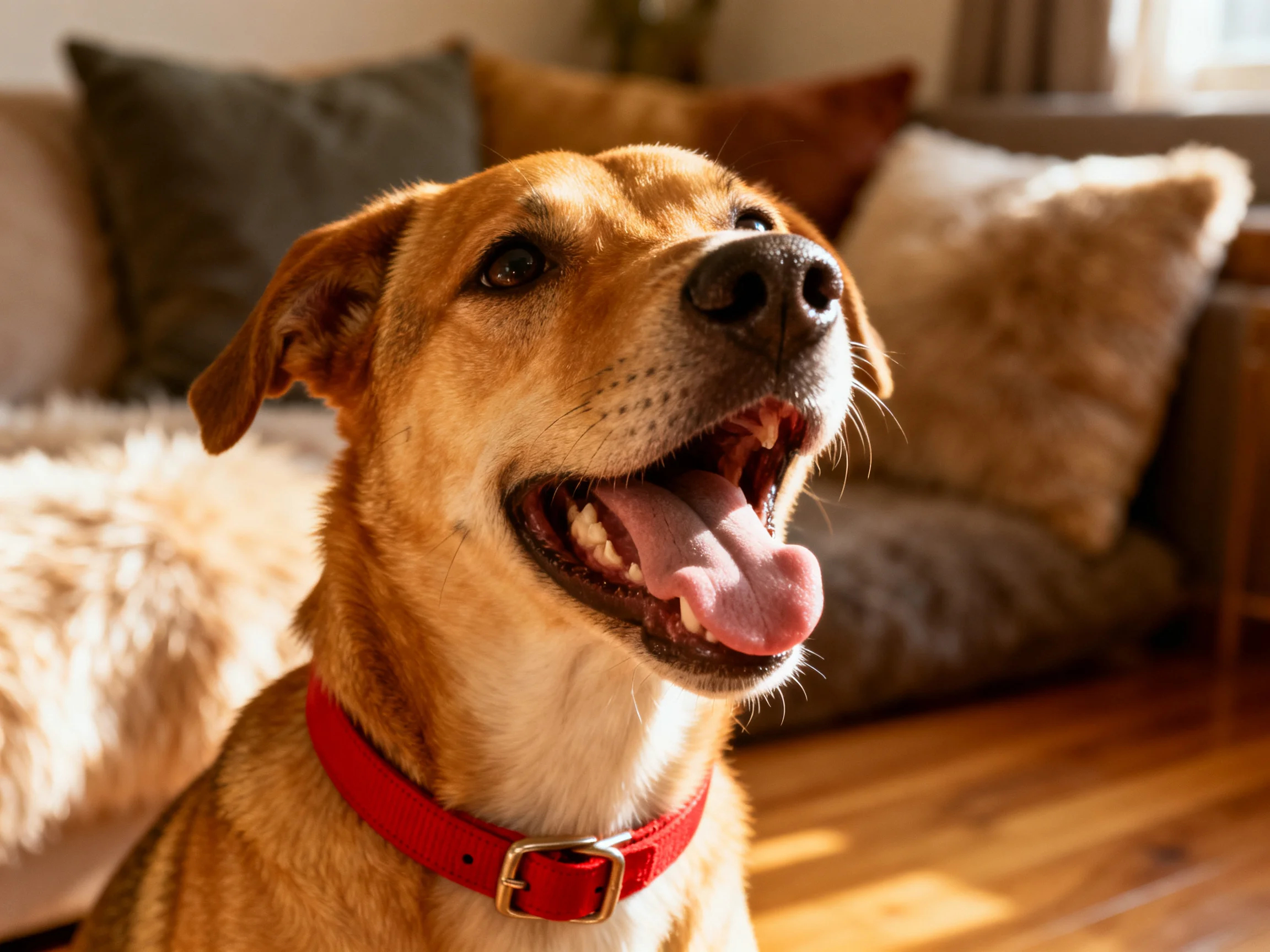A cheerful tan dog with a red collar in a sunlit living room