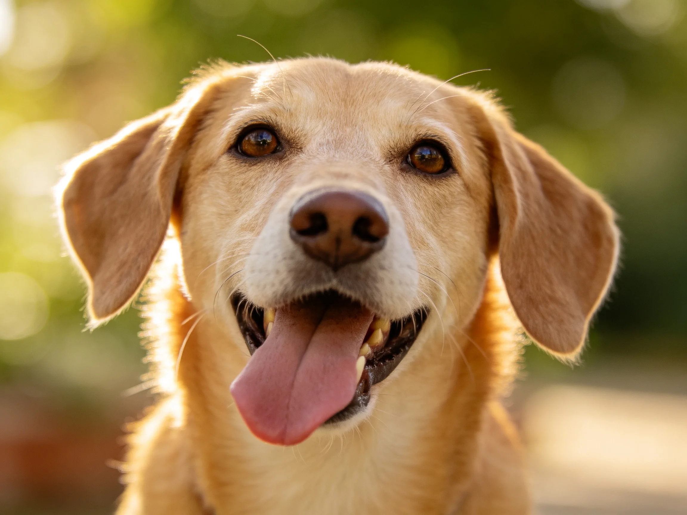 A cheerful tan dog with floppy ears and a pink tongue