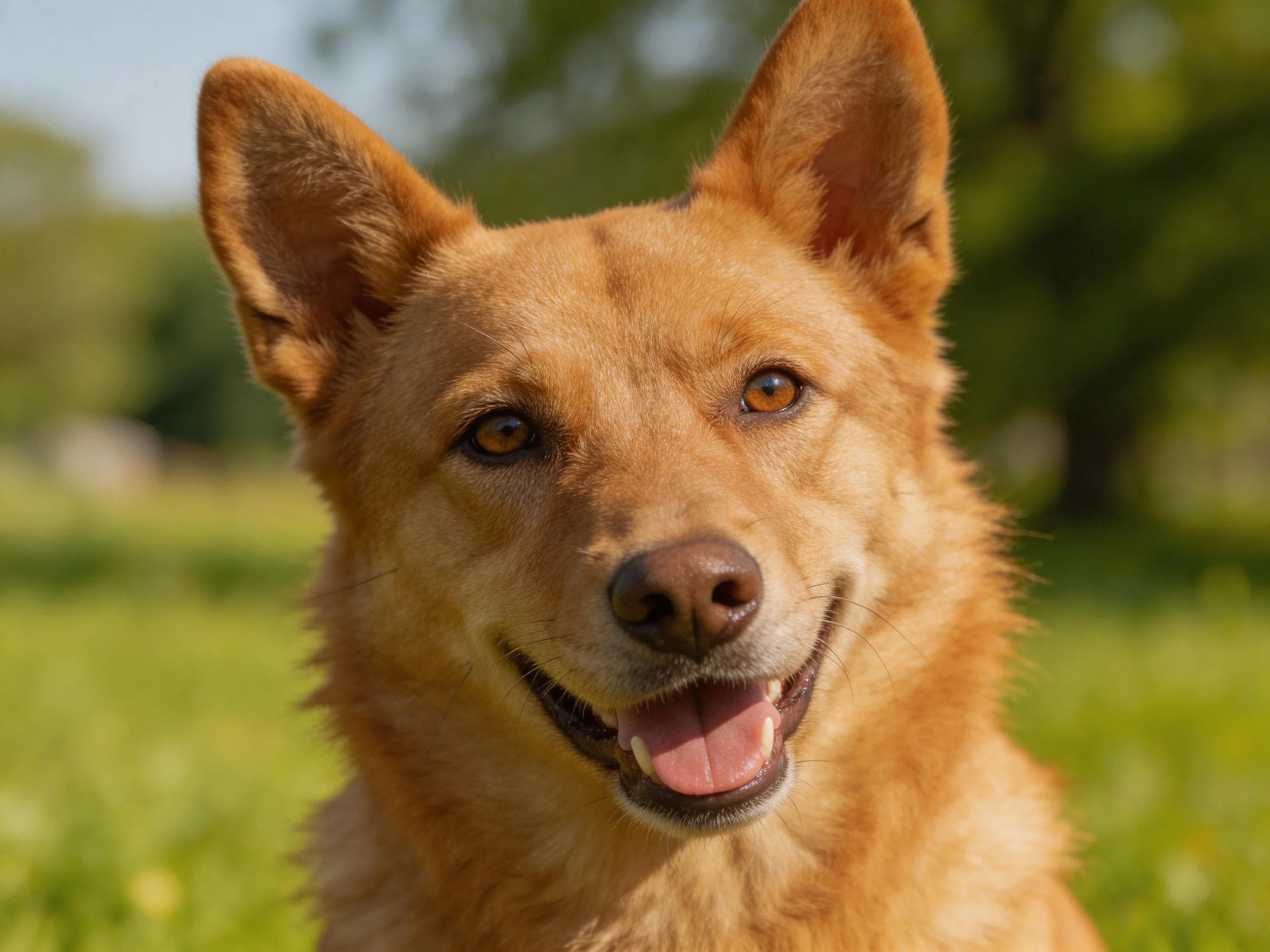 A cheerful tan dog with upright ears in a sunny meadow