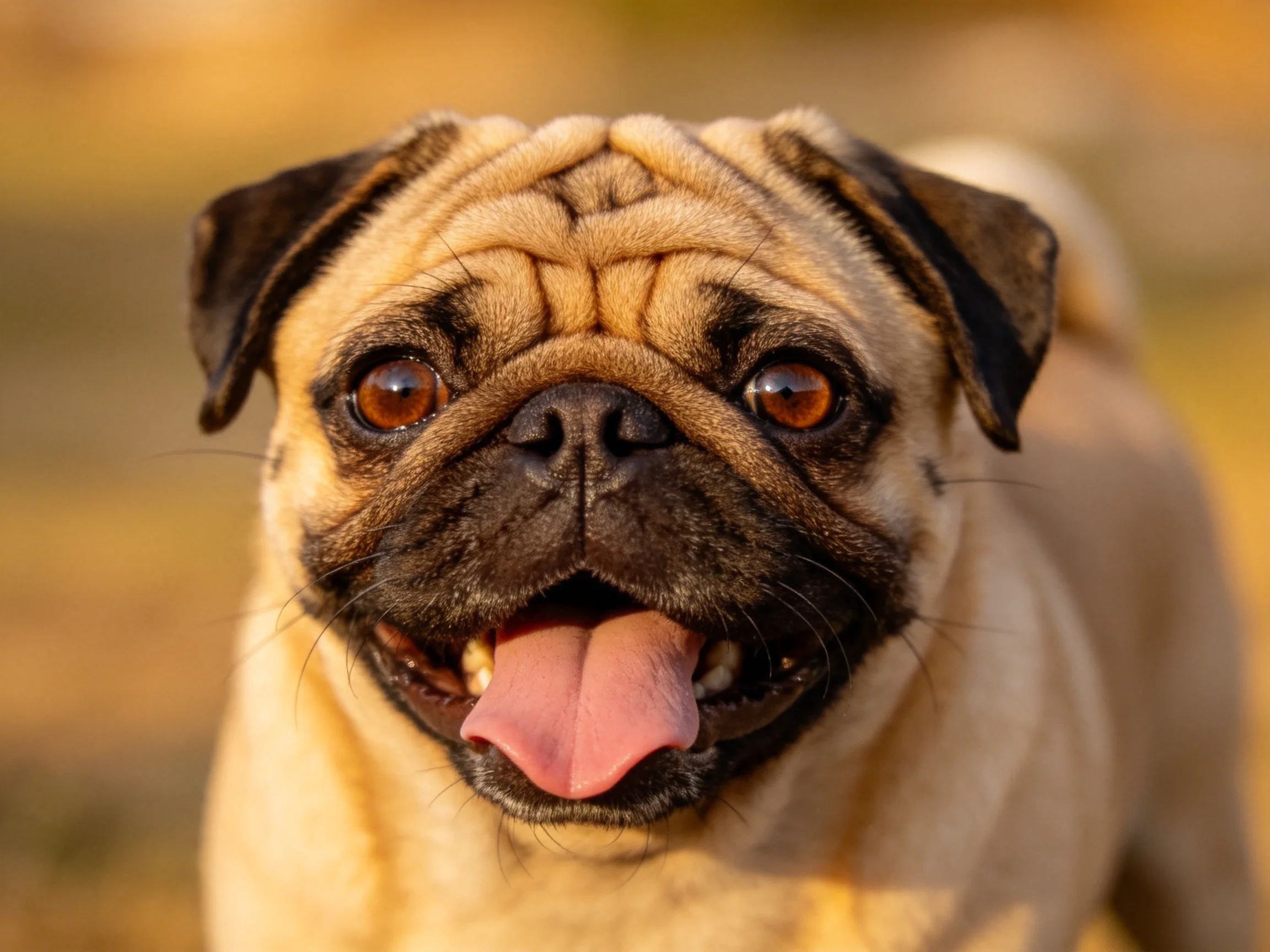 A cheerful tan pug with dark facial markings