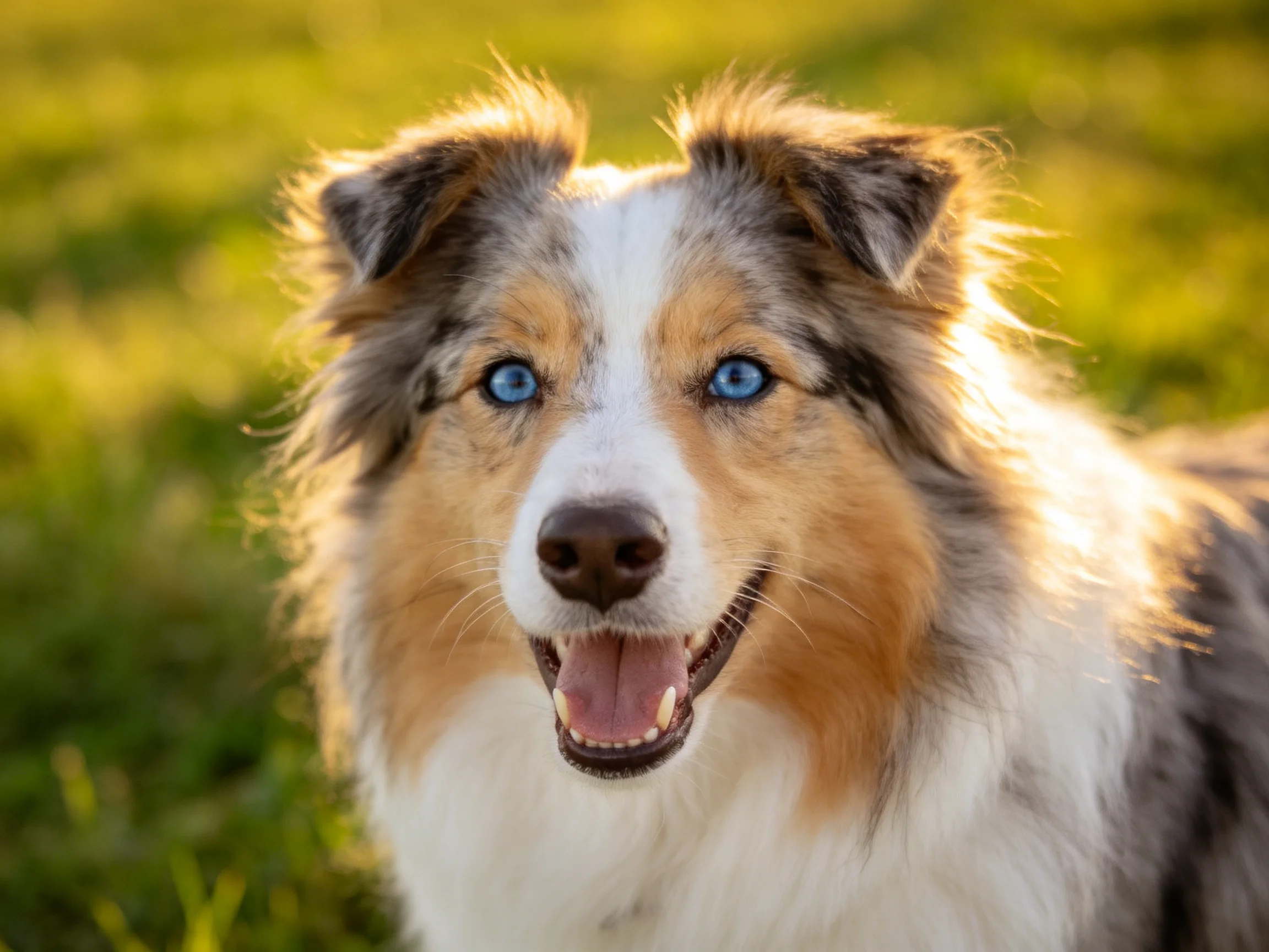A cheerful tri - colored dog with bright blue eyes in a sunlit field