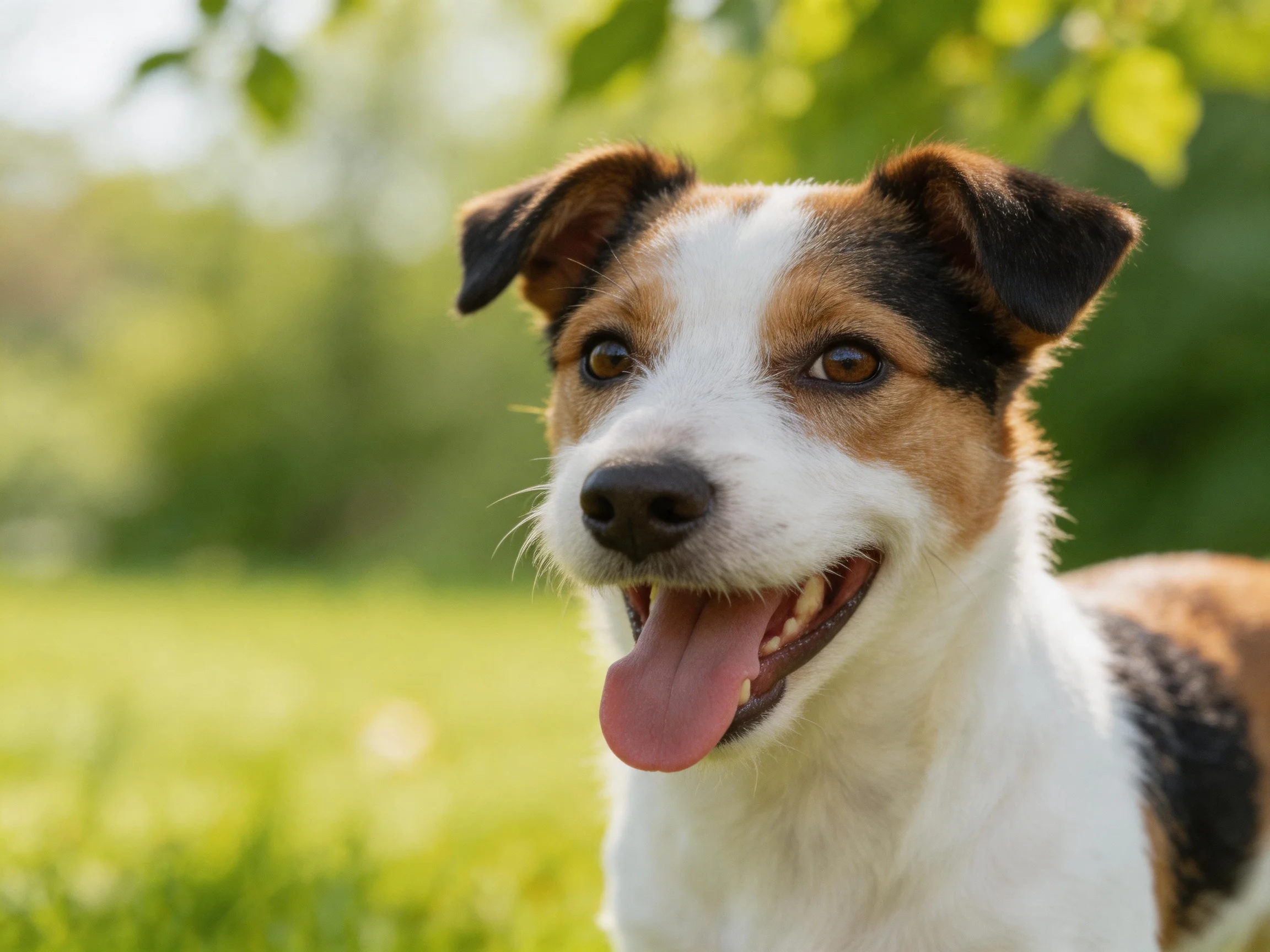 A cheerful tri-colored dog enjoying a sunny day in a lush green meadow