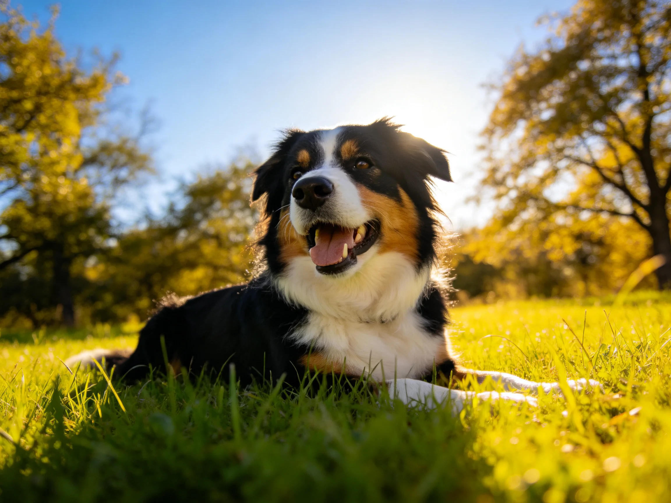 A cheerful tri-colored dog relaxes on sunlit green grass near golden trees