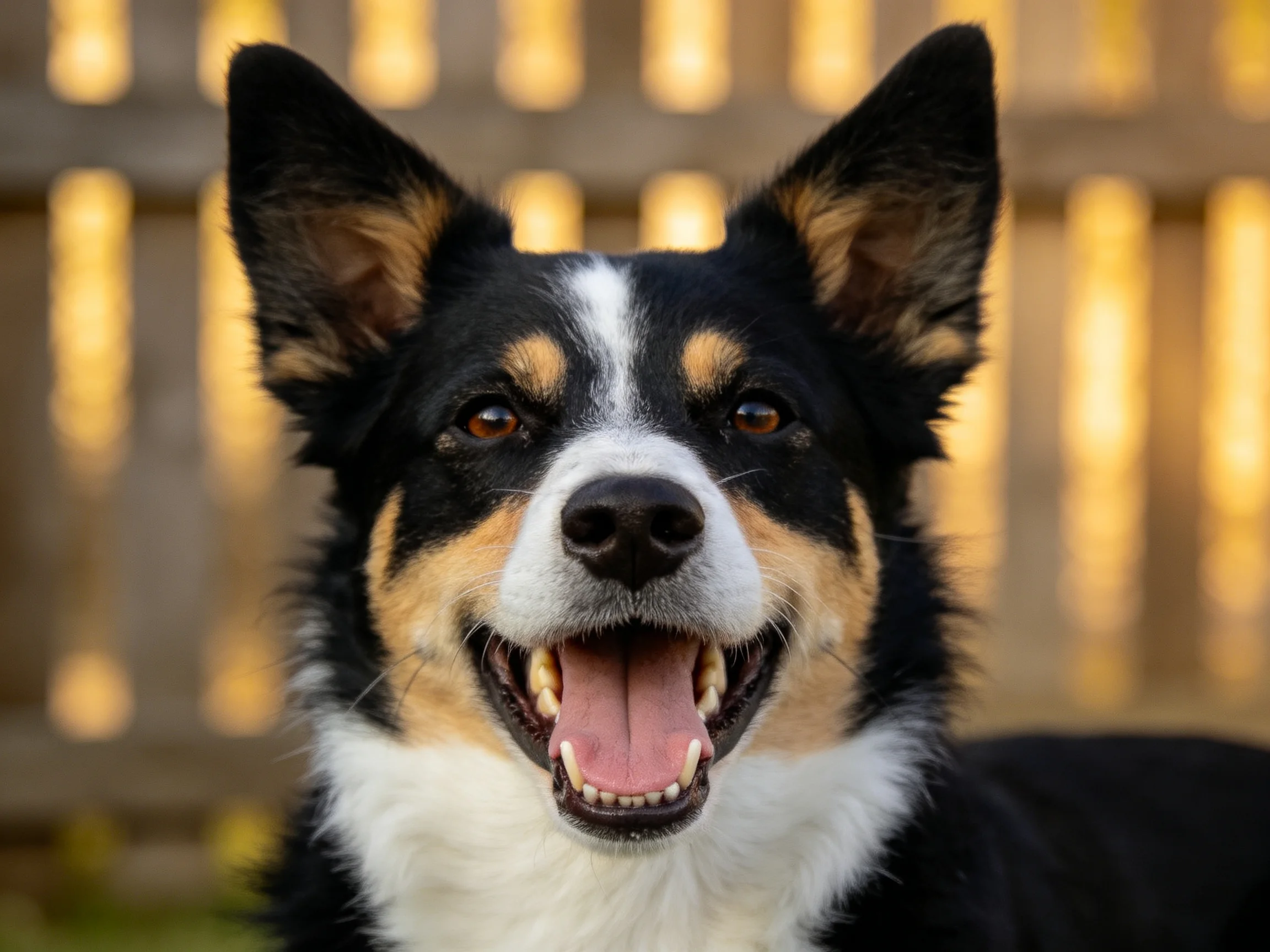 A cheerful tri-colored dog with upright ears near a wooden fence