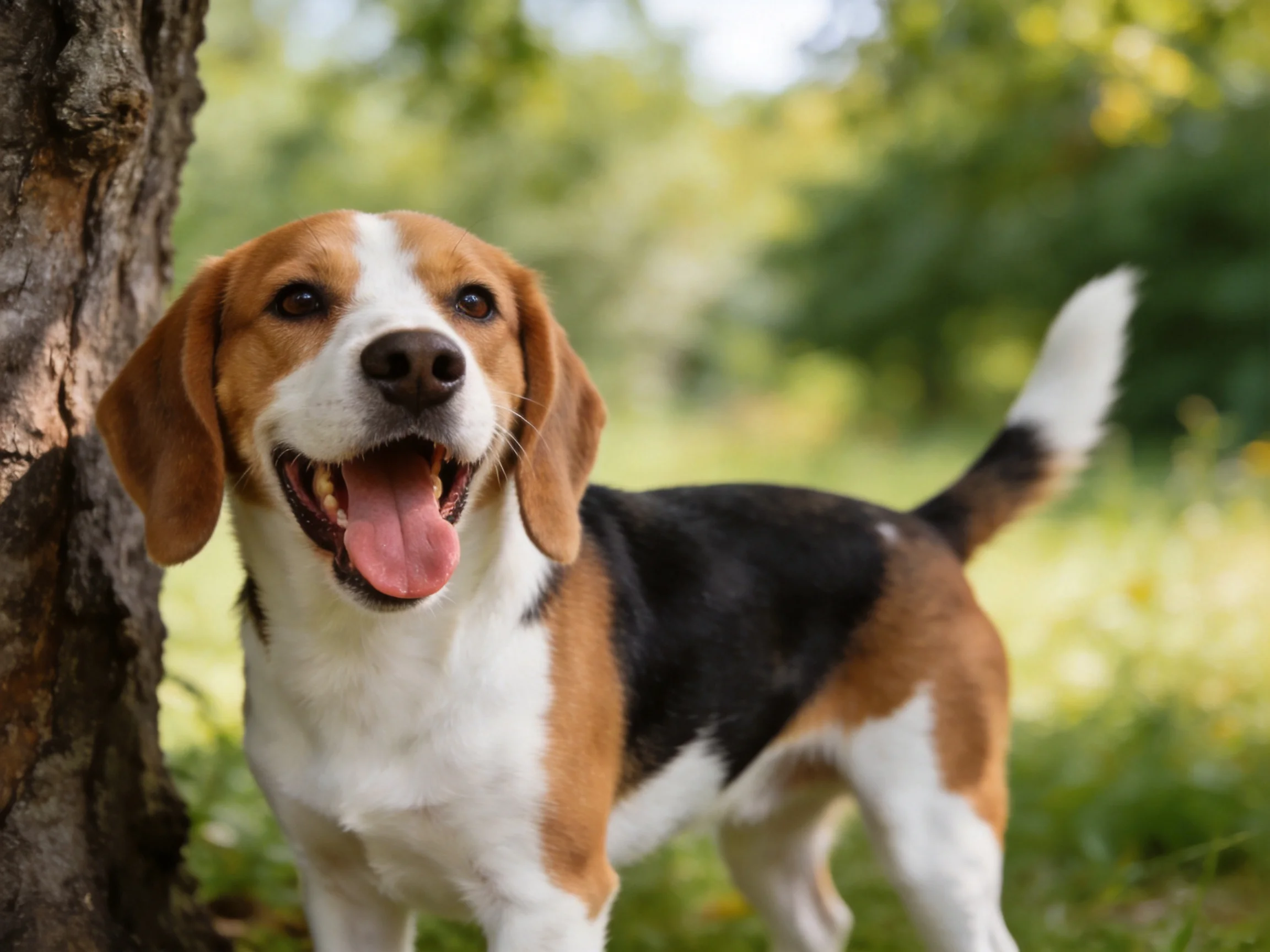A cheerful tricolor beagle near a gnarled tree in a sunlit meadow