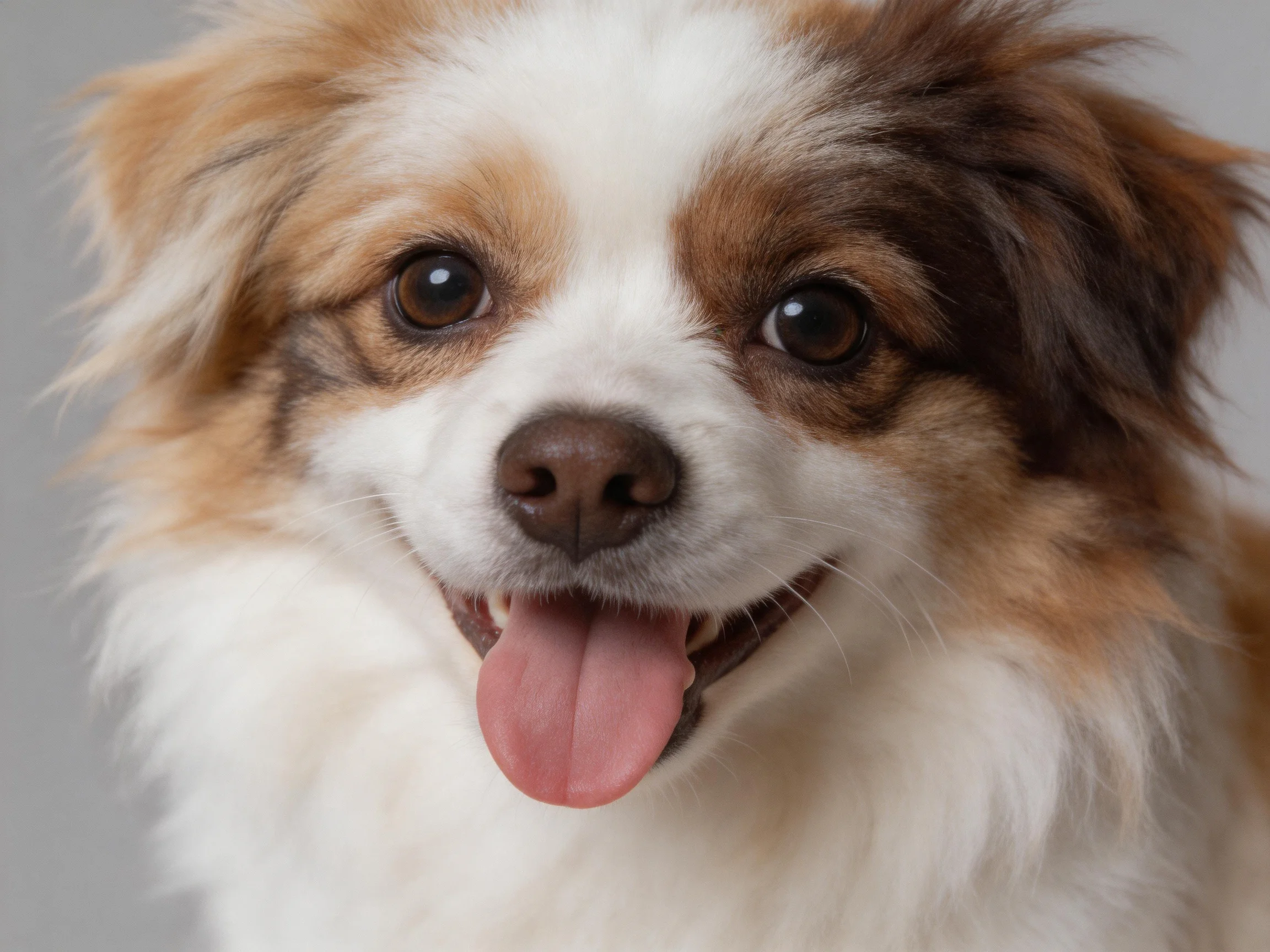 A cheerful tricolor dog with fluffy fur and bright eyes