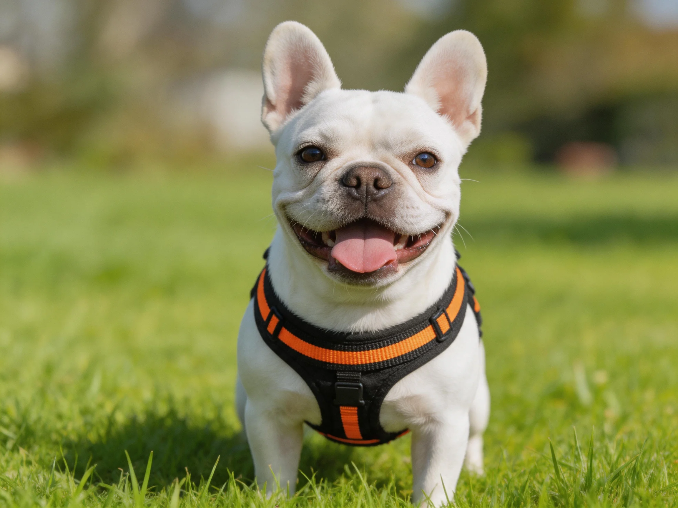 A cheerful white French Bulldog wearing an orange-black harness on green grass