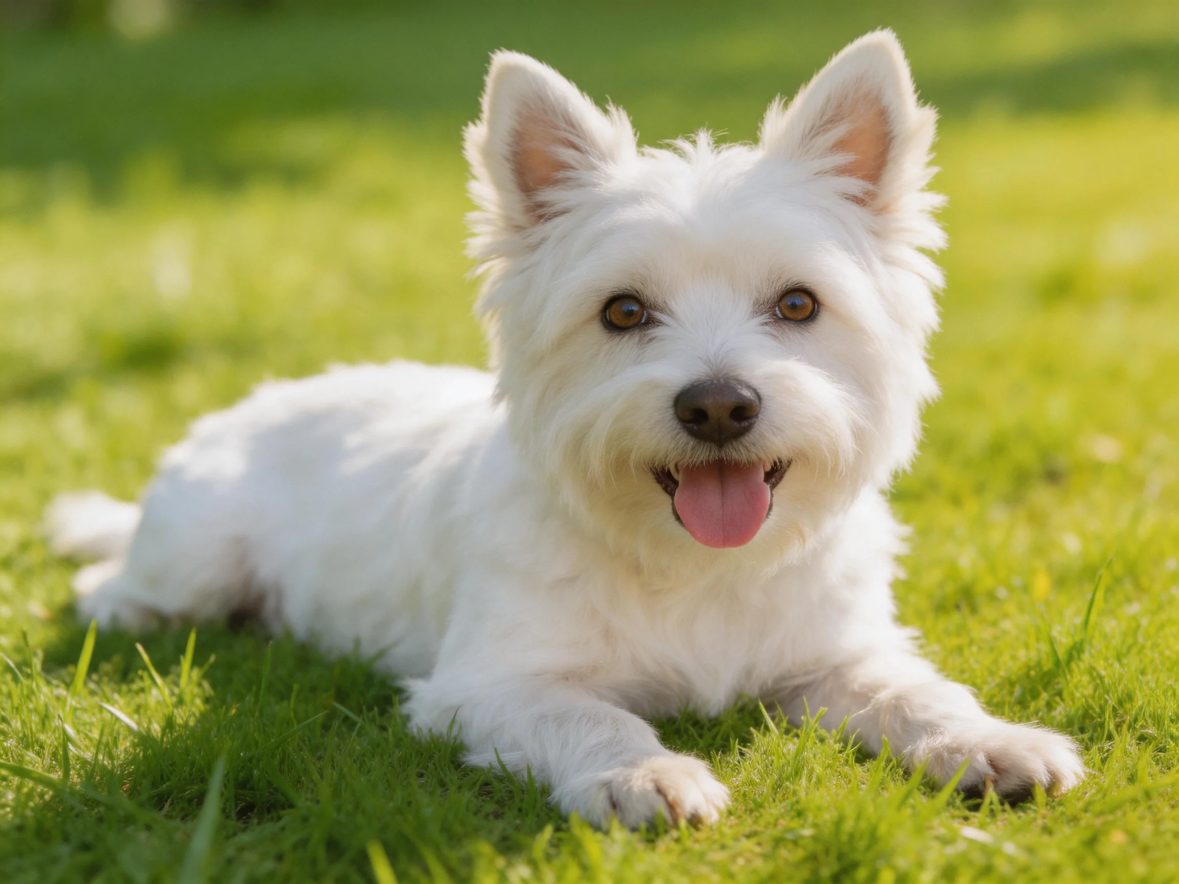 A cheerful white West Highland Terrier rests on lush green grass
