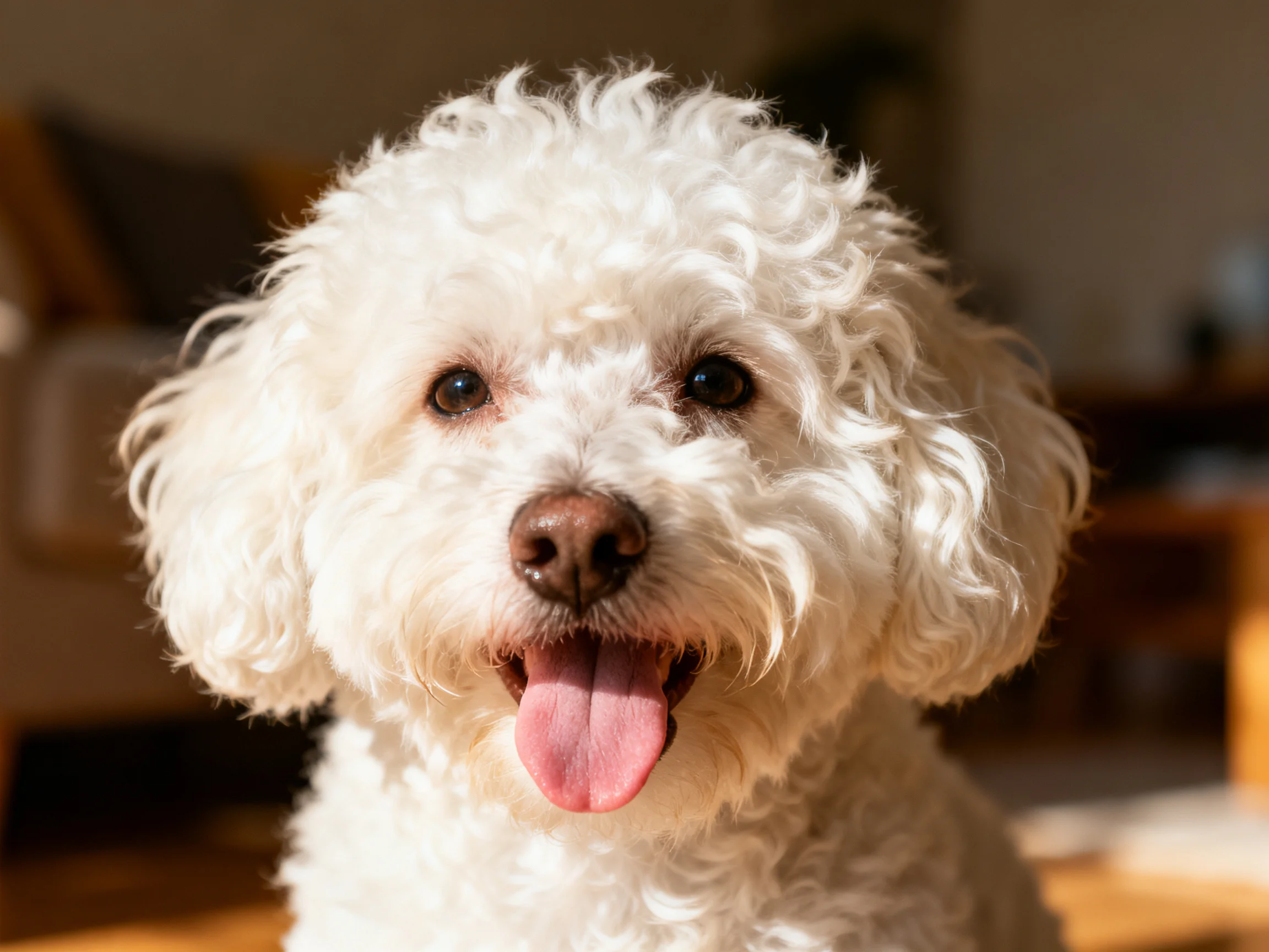 A cheerful white curly-coated dog with tongue out in an indoor setting