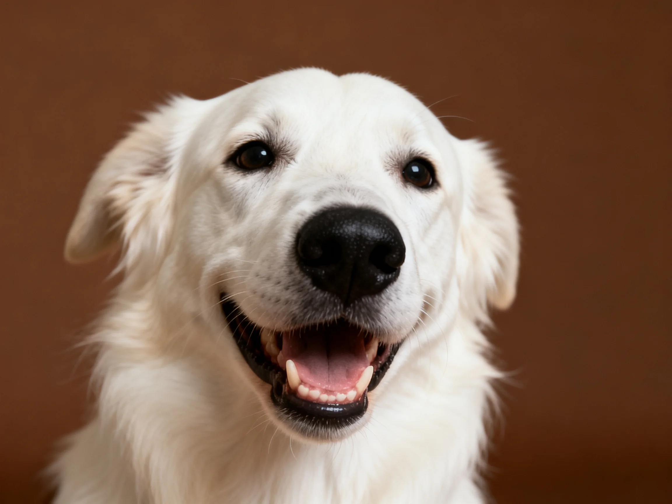 A cheerful white dog with fluffy fur against a warm brown backdrop