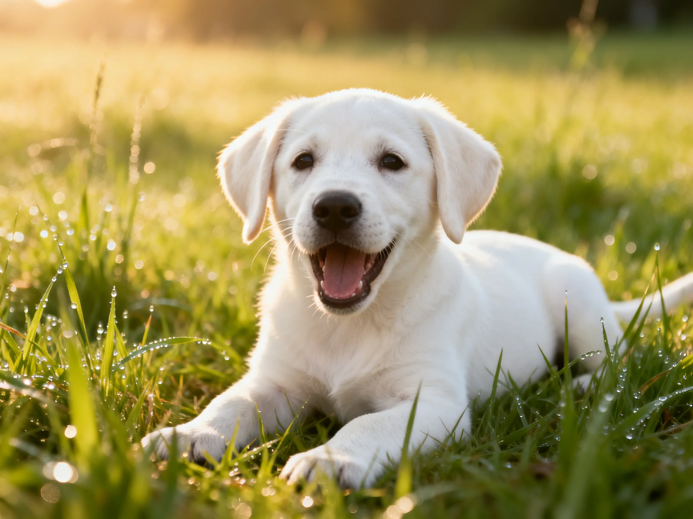 A happy white puppy rests on dewy grass in bright sunlight.