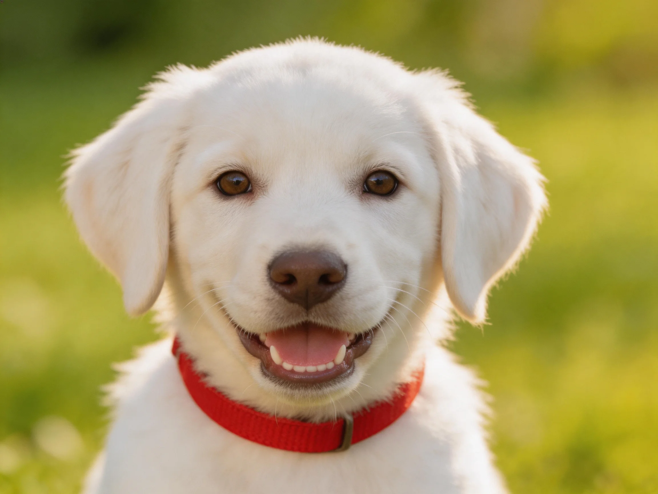 A happy white puppy with a red collar enjoys the sunshine outdoors.