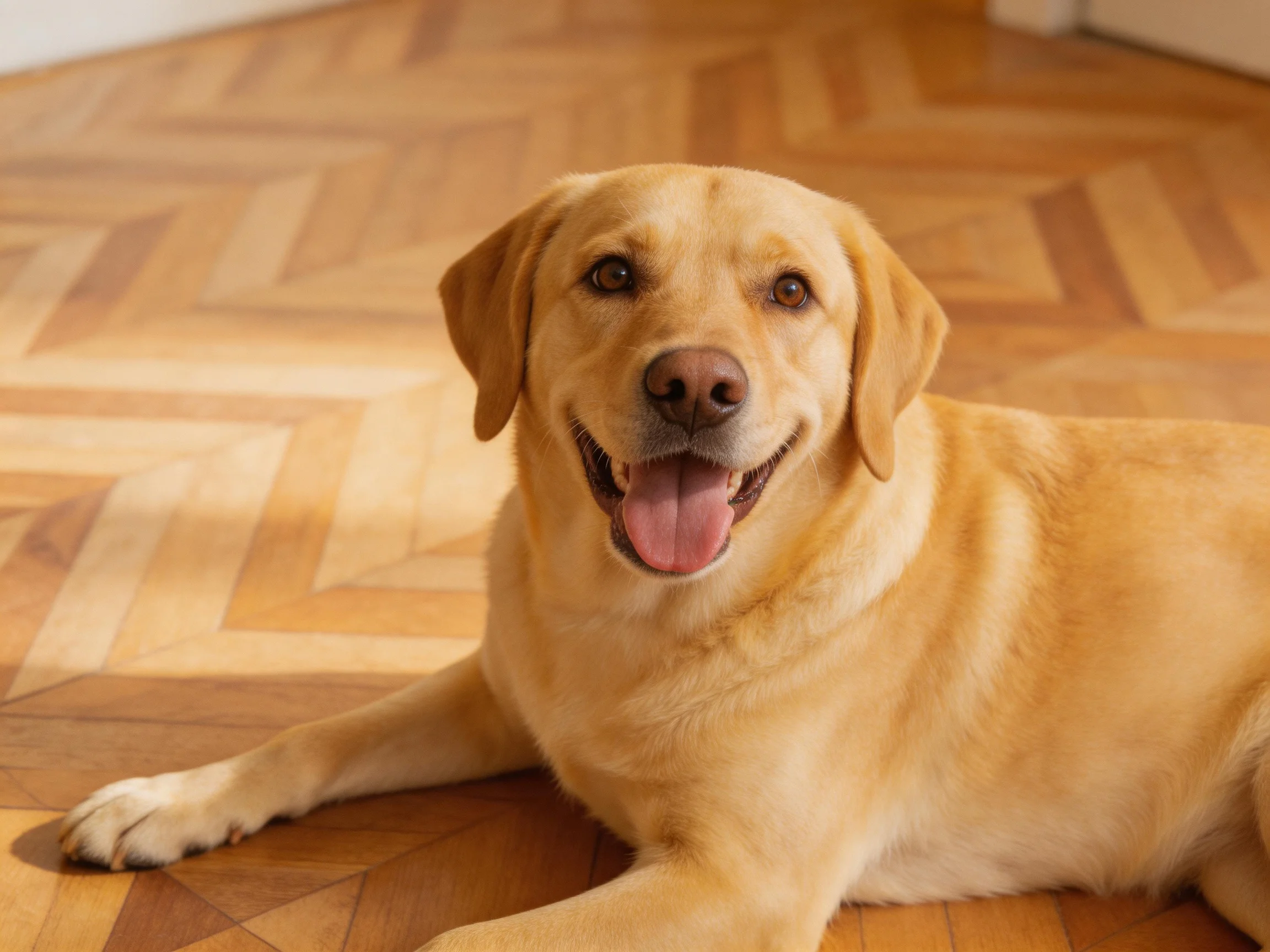 A cheerful yellow Labrador relaxes on an intricately patterned wooden floor.