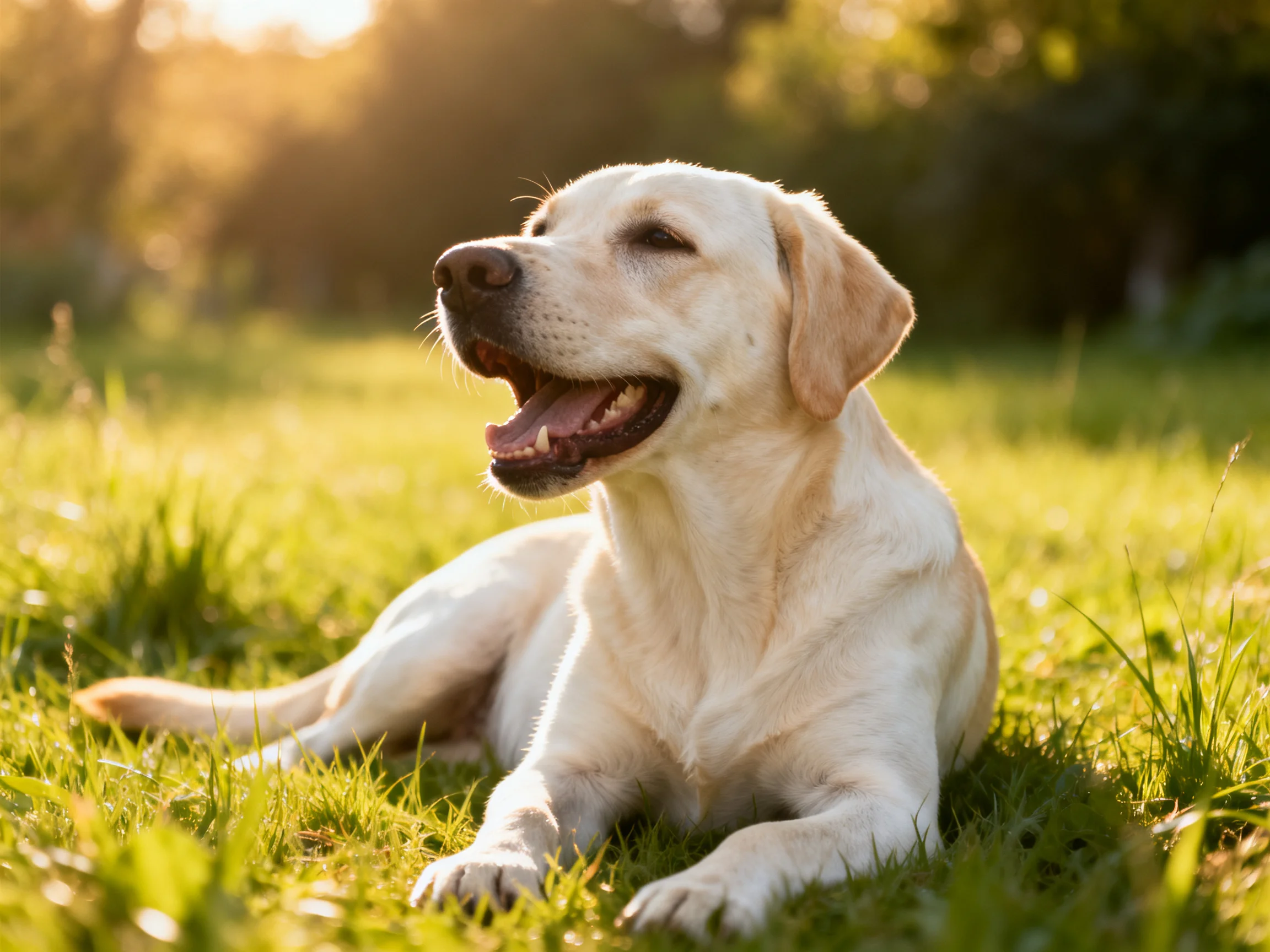 A cheerful yellow Labrador rests on sun-drenched green grass