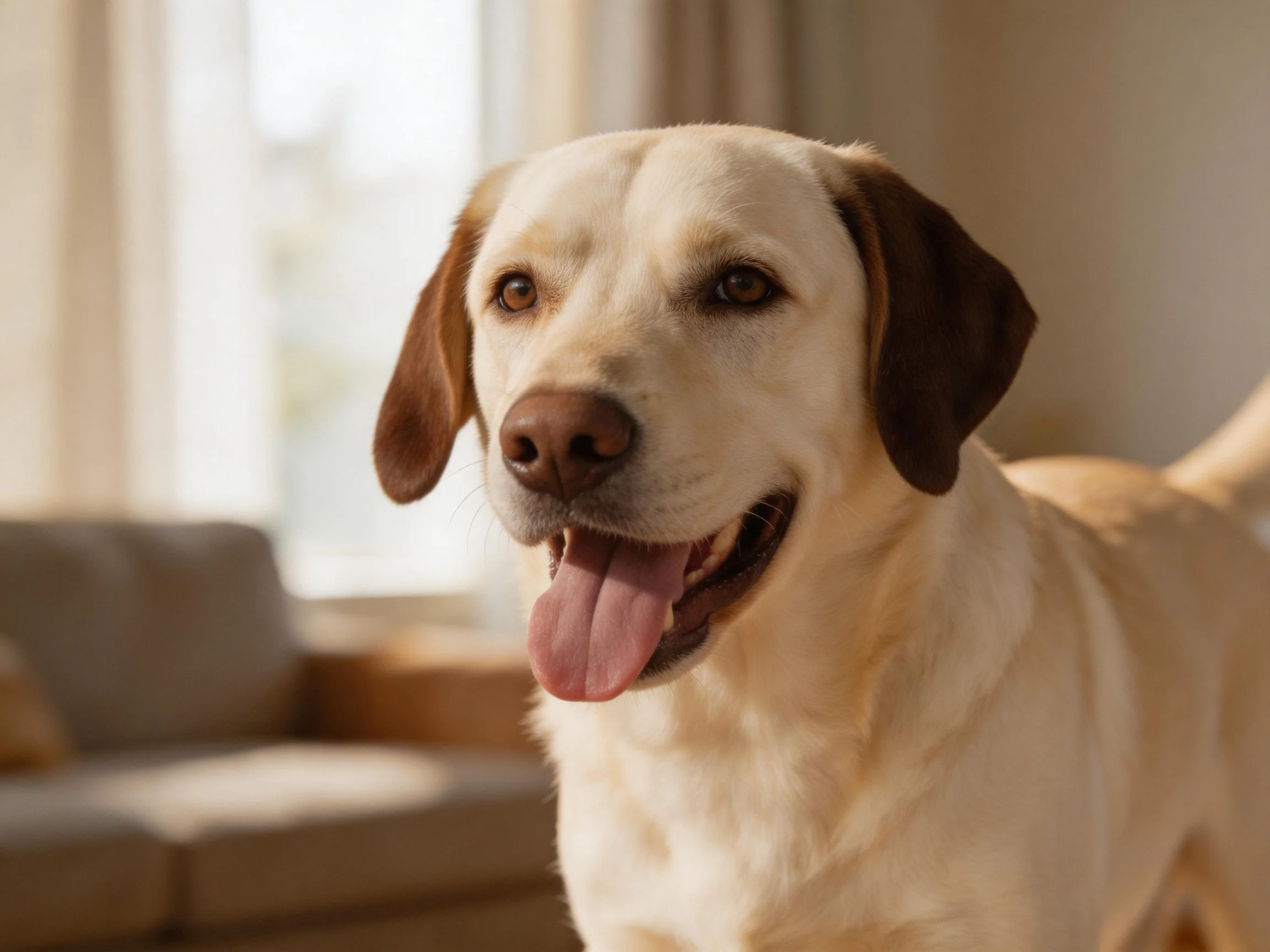 A happy yellow Labrador stands in a bright, cozy living room.