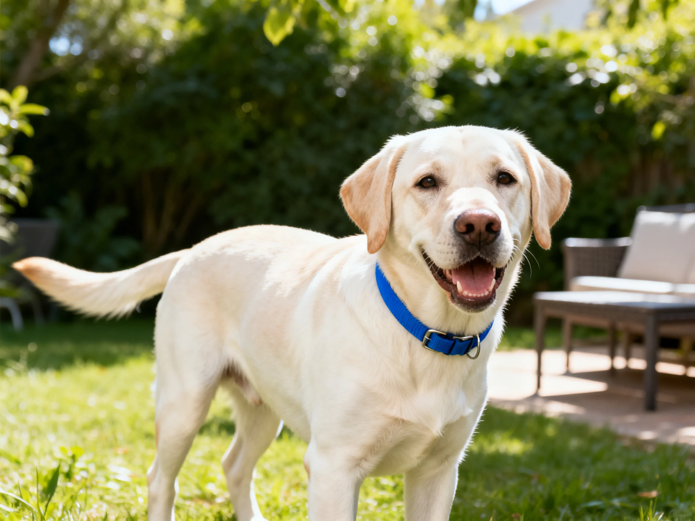 A cheerful yellow Labrador retriever in a sunny backyard garden