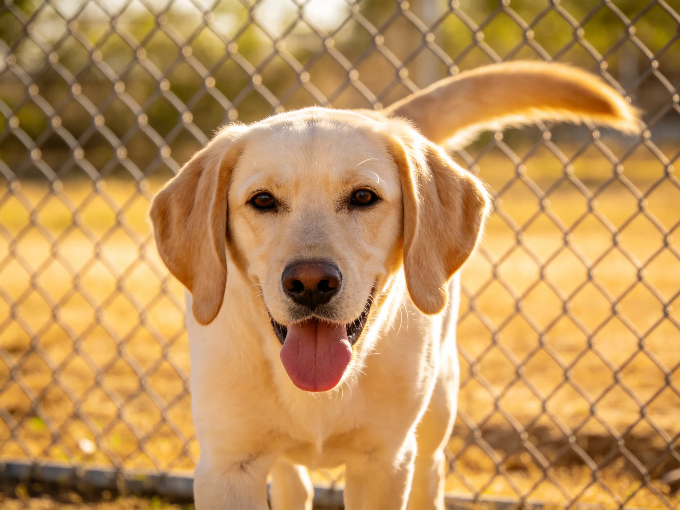 A cheerful yellow Labrador stands near a silver chain-link fence in bright sunlight