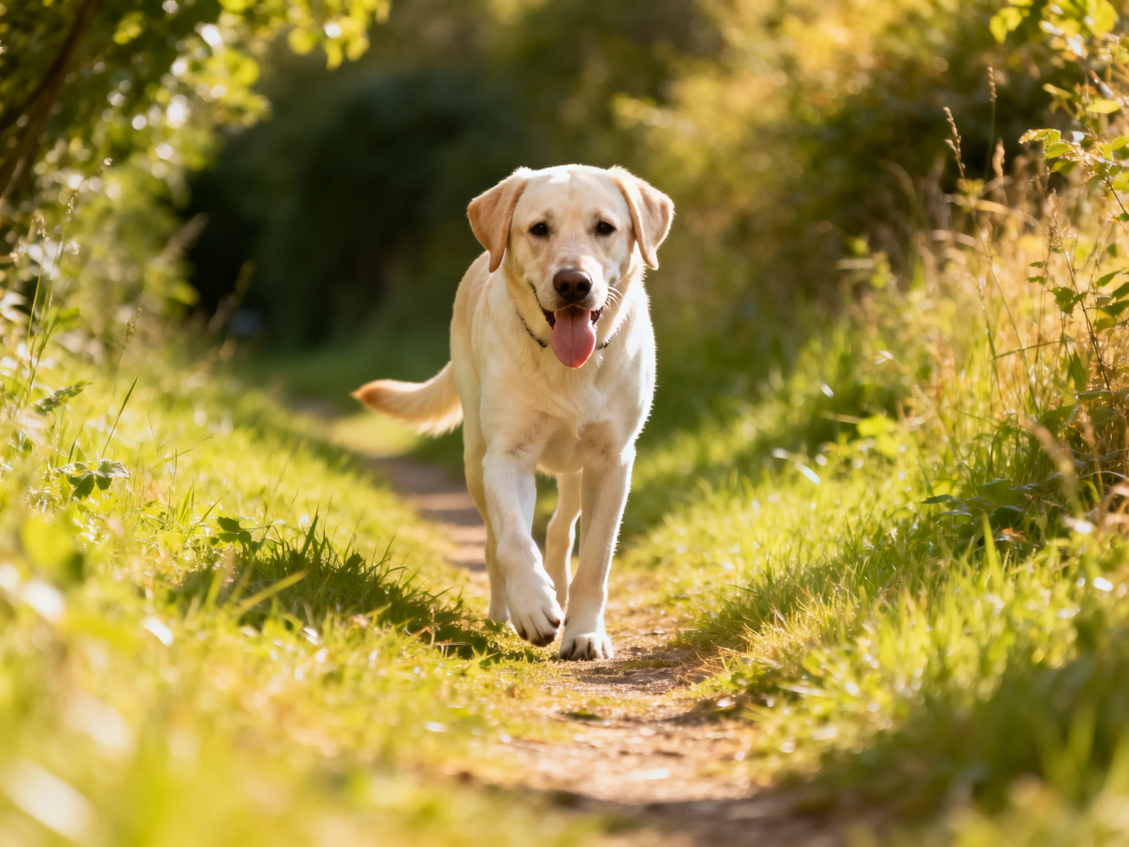 A happy yellow Labrador enjoys running down a sunlit dirt path bordered by tall grass.