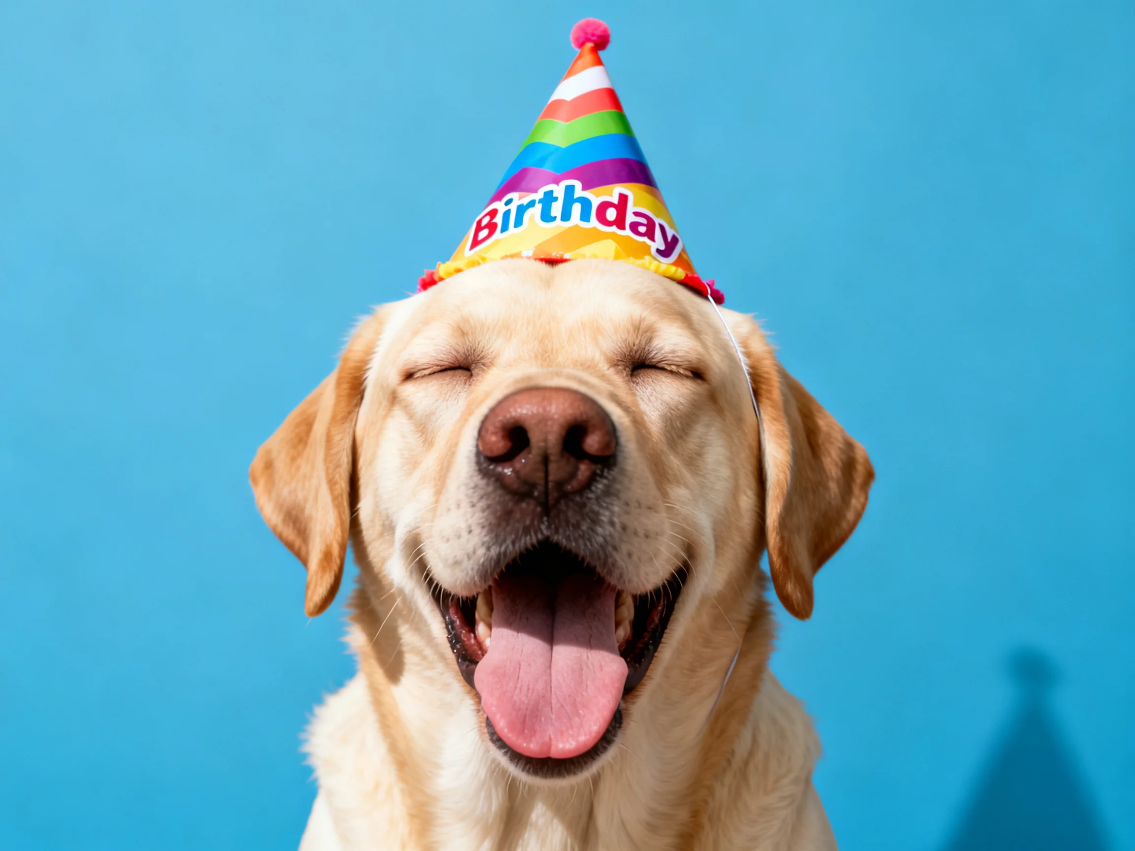 A cheerful yellow Labrador wears a colorful rainbow birthday hat