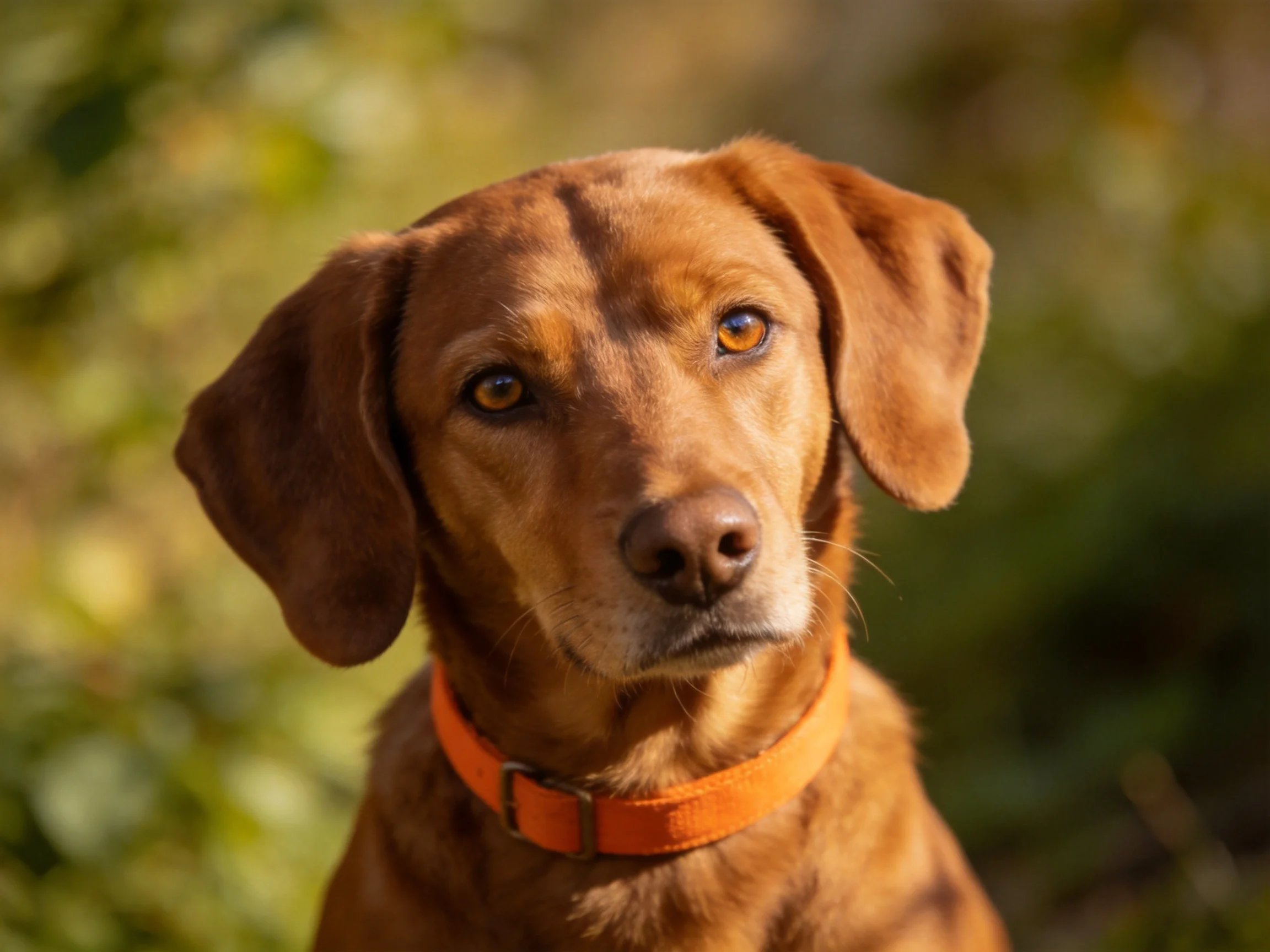 A chestnut - coated dog wears an orange collar amidst soft green foliage