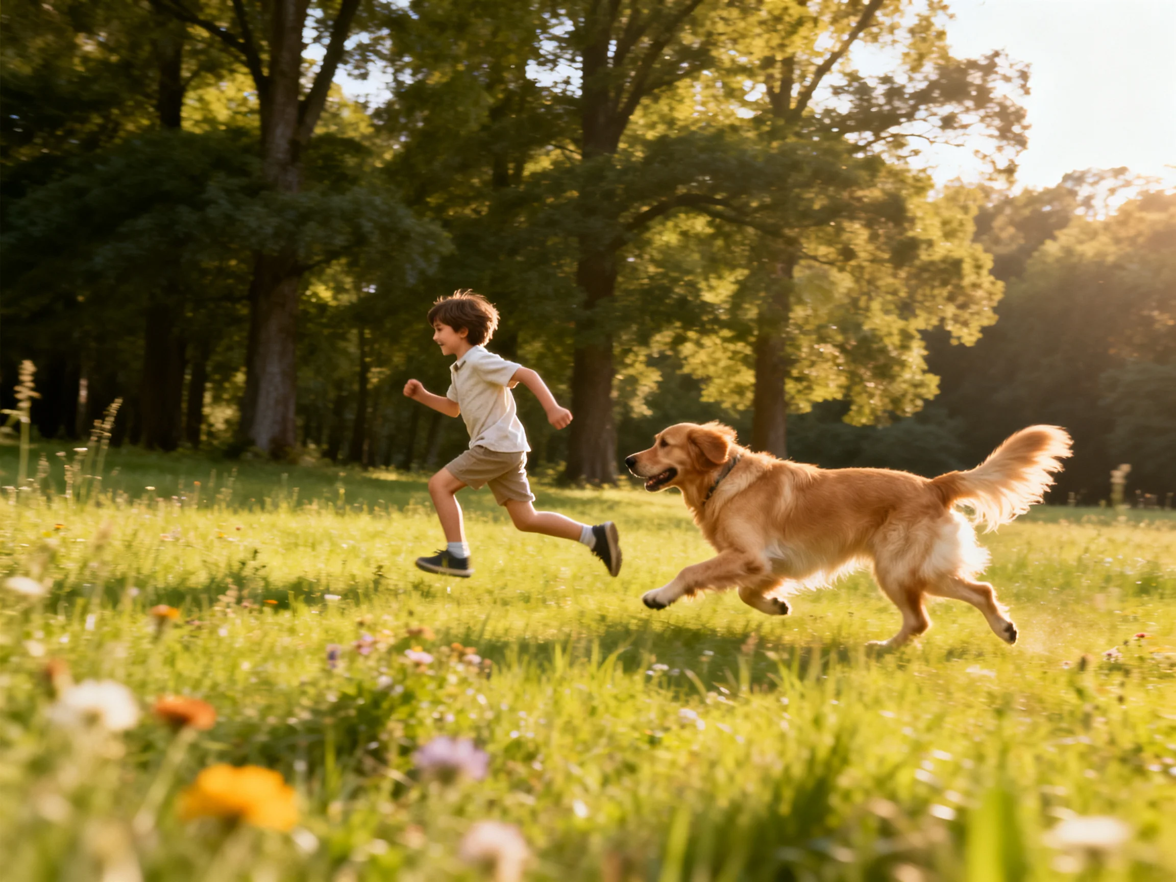 A child and golden retriever run through a sunlit meadow near tall trees