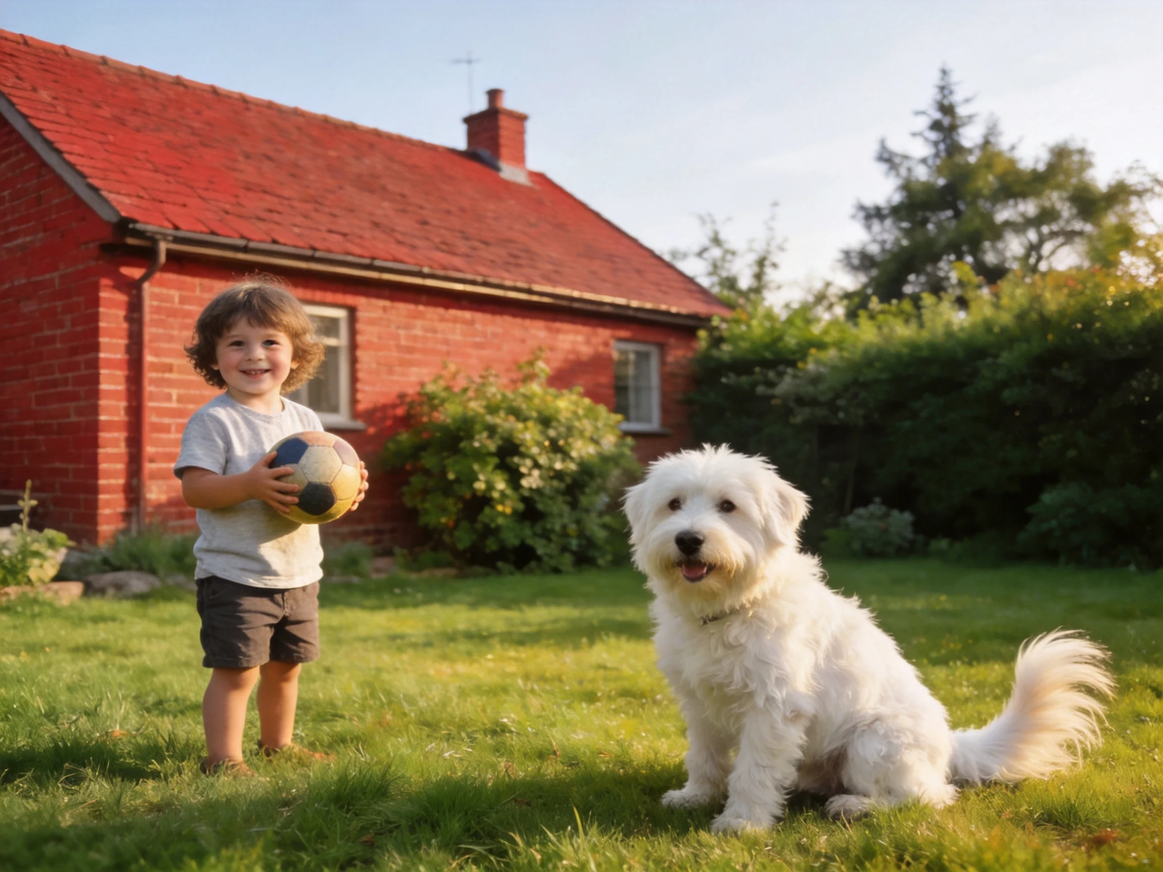 A child holding a ball beside a white dog near a red brick house