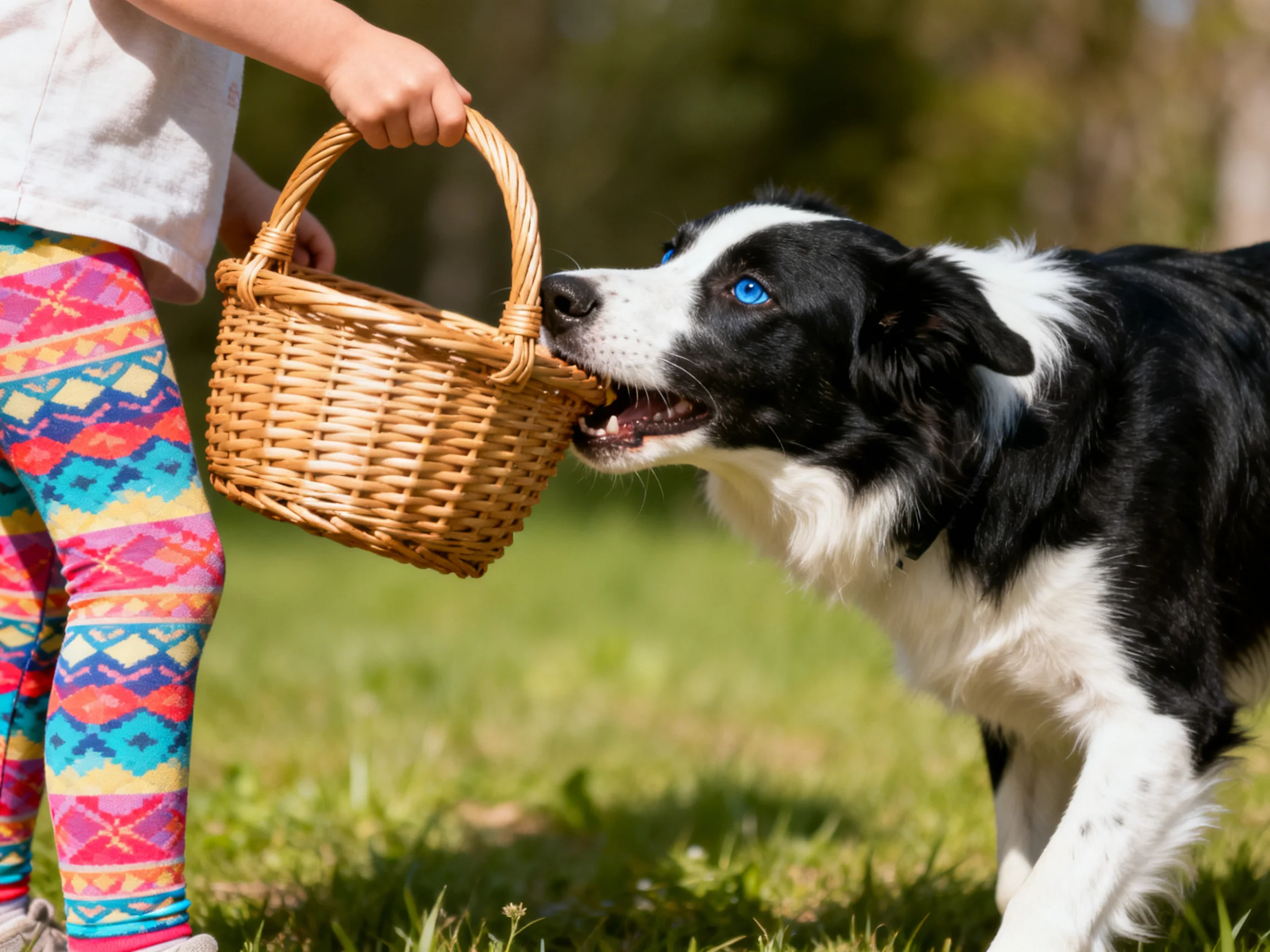 A child holds a wicker basket as a black --white dog with blue eyes approaches