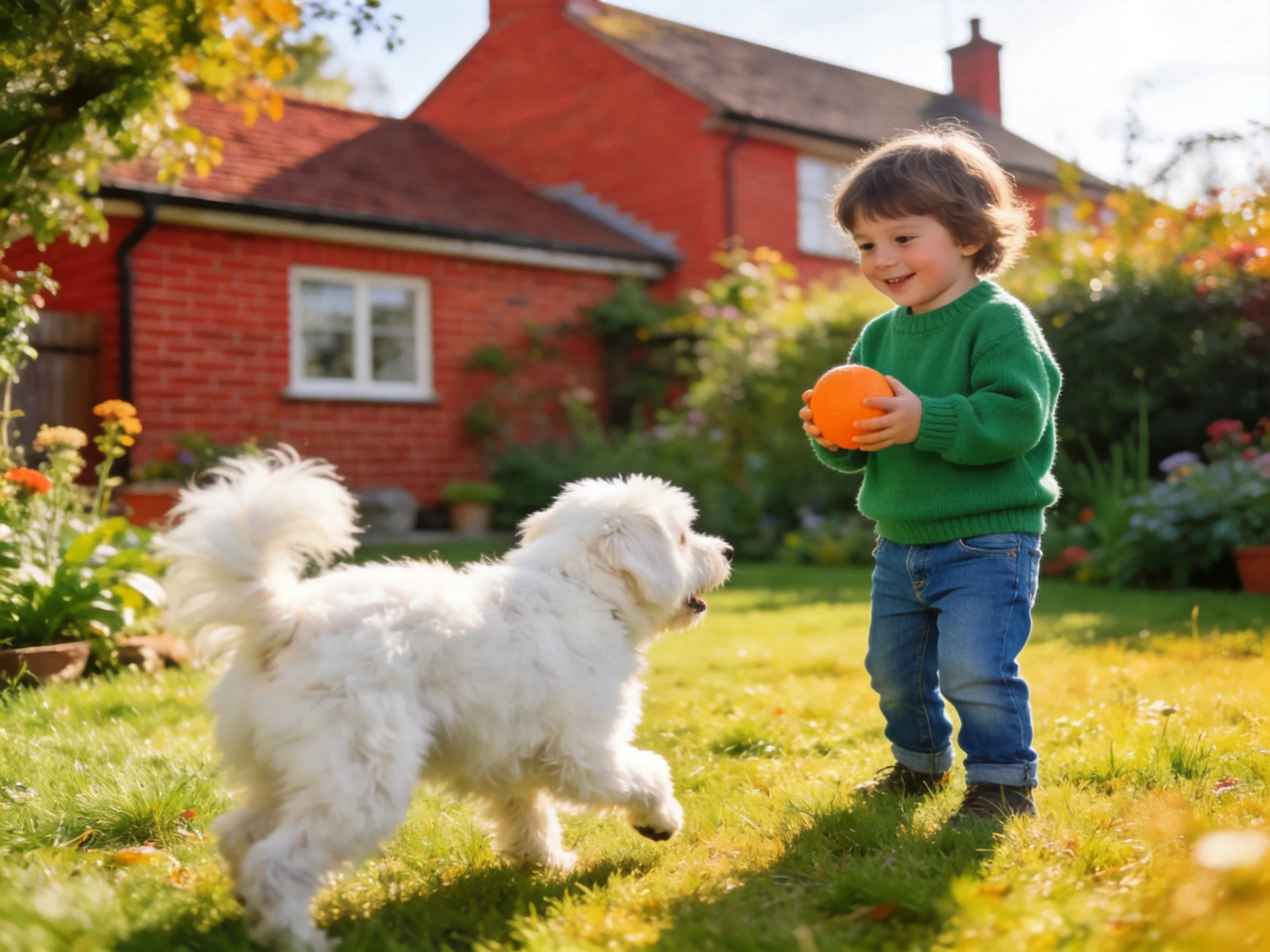 A child in a green sweater plays with a white dog near a red brick house
