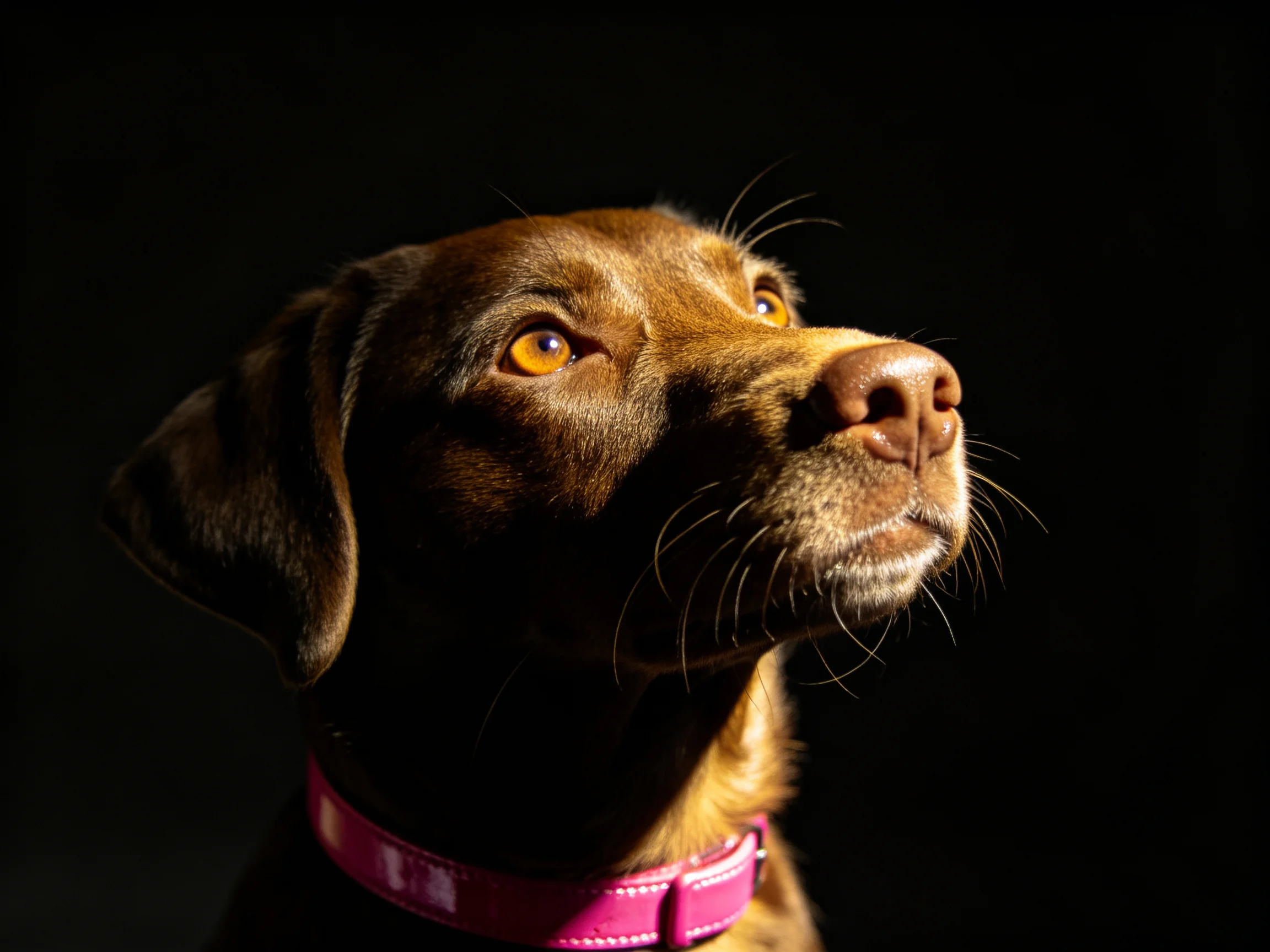 A chocolate - brown dog with a vibrant pink collar against a dark backdrop