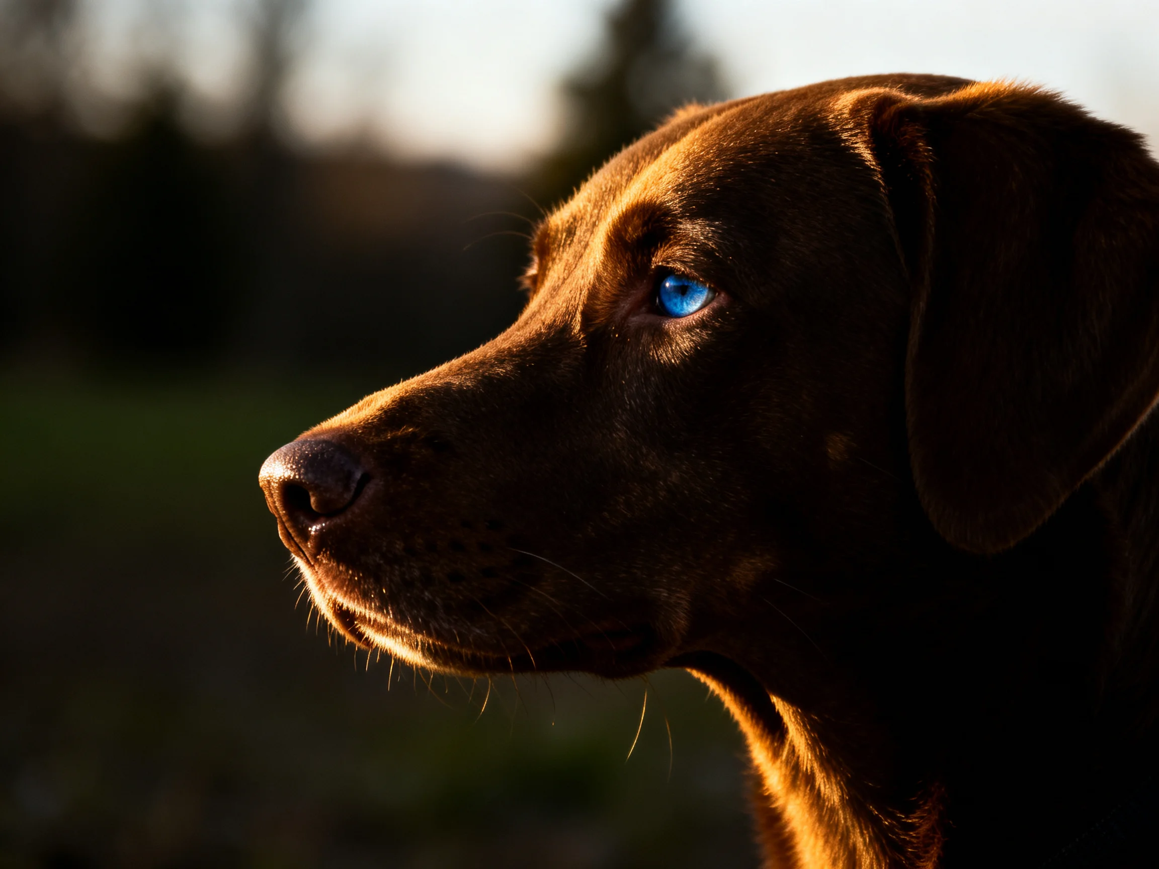 A chocolate - brown dog with vivid blue eyes in natural light