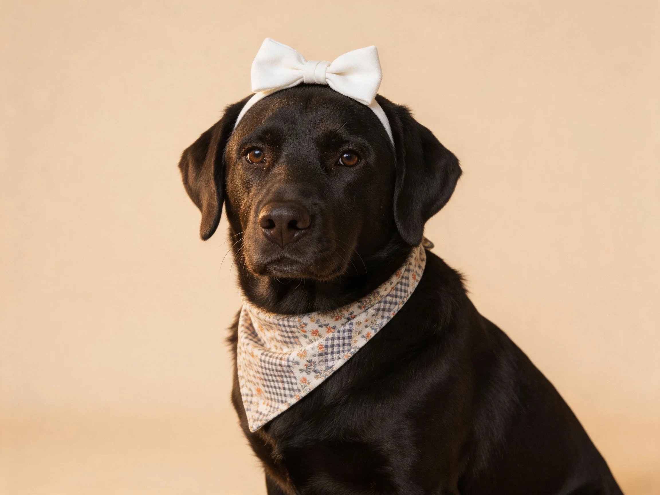 A chocolate Labrador adorned with a white bow and patterned bandana