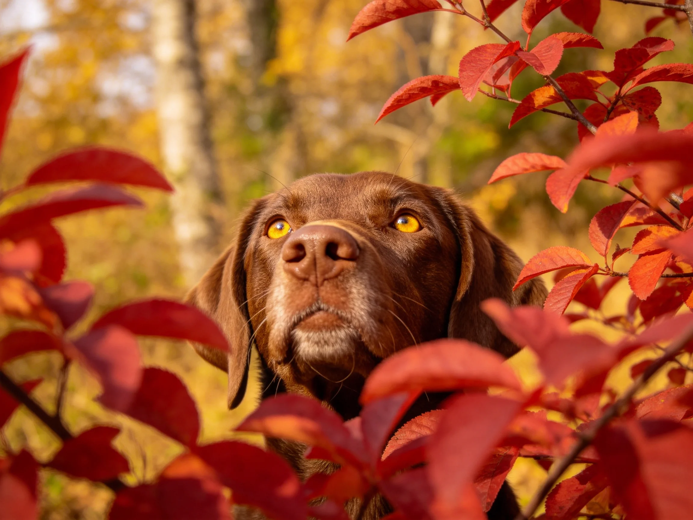 A chocolate Labrador amidst bright red autumn leaves in a forest