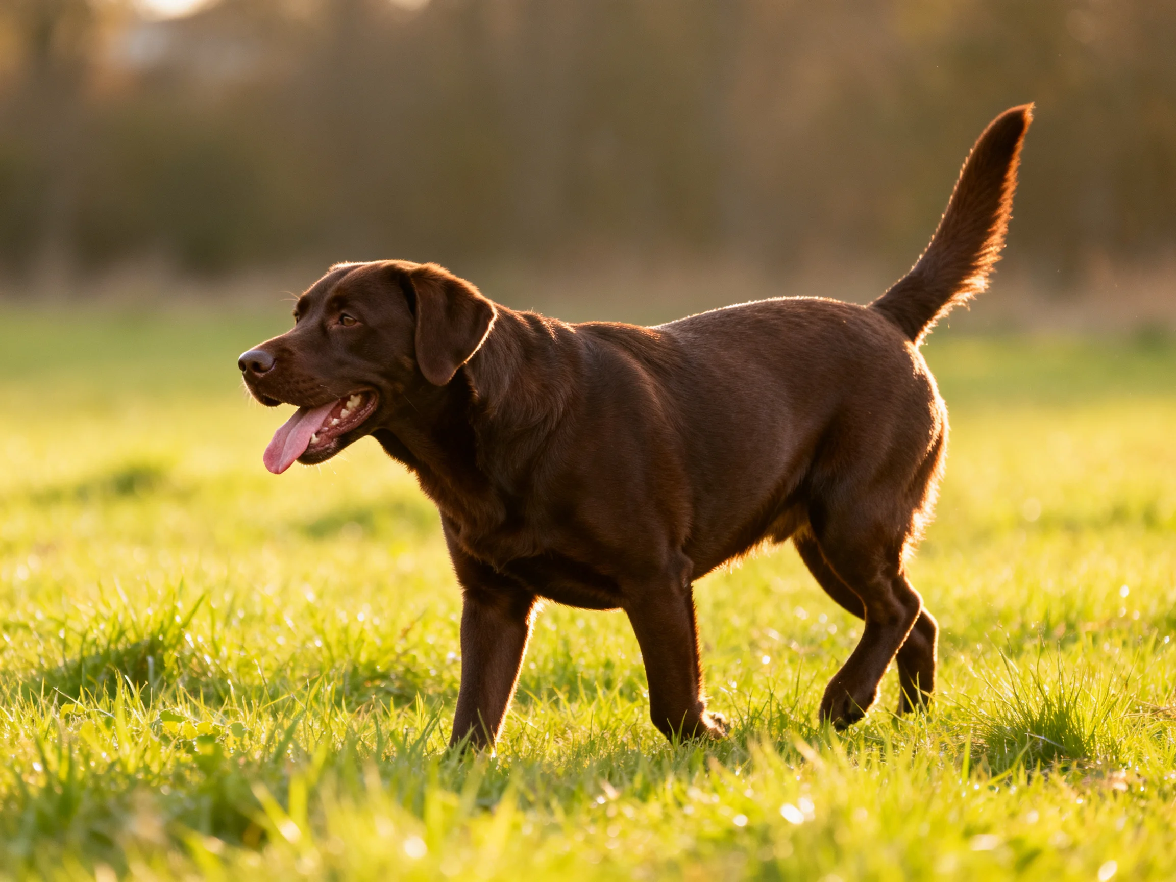 A chocolate Labrador explores a sunlit grassy field