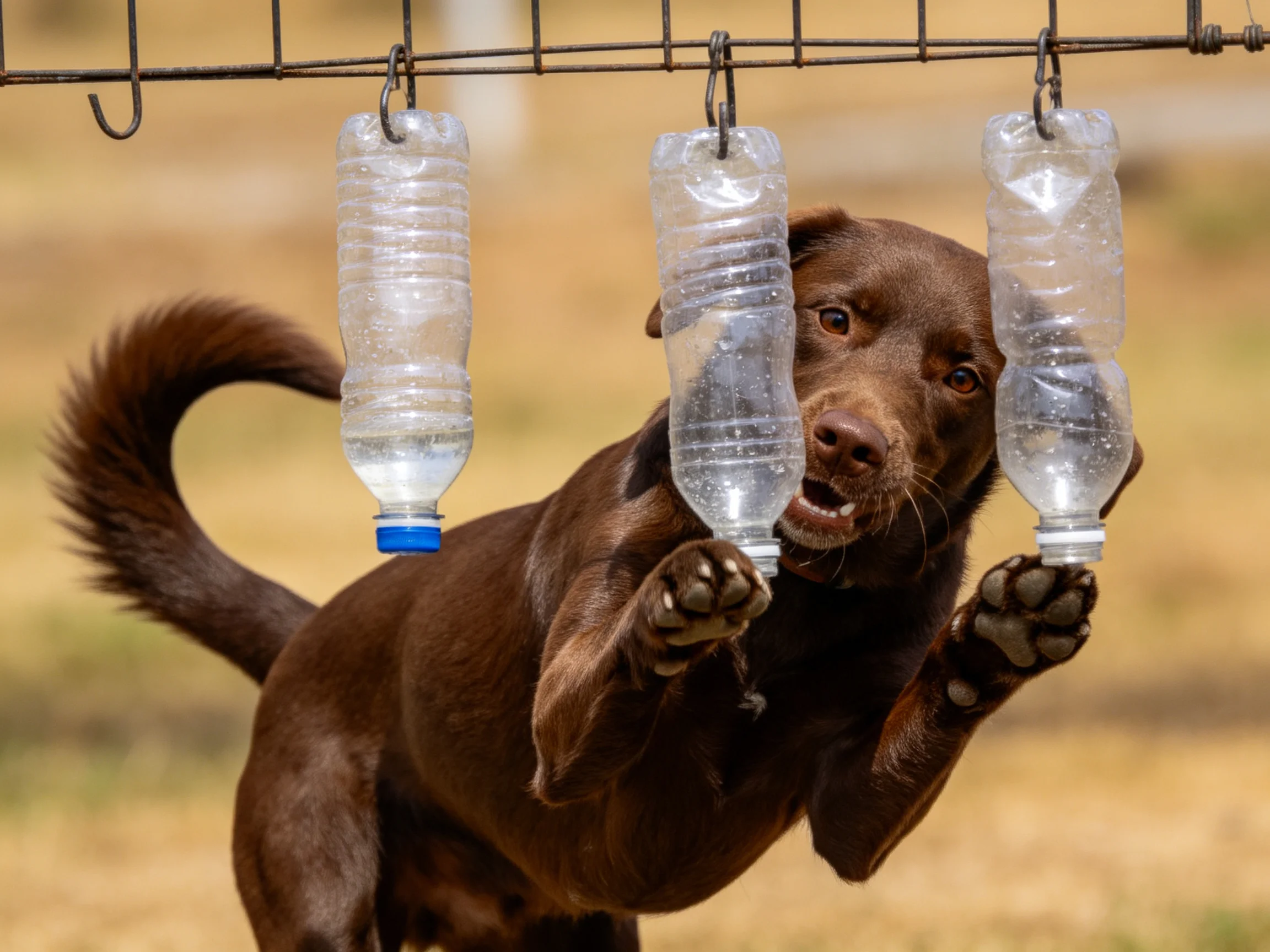 A chocolate Labrador interacting with three hanging plastic water bottles
