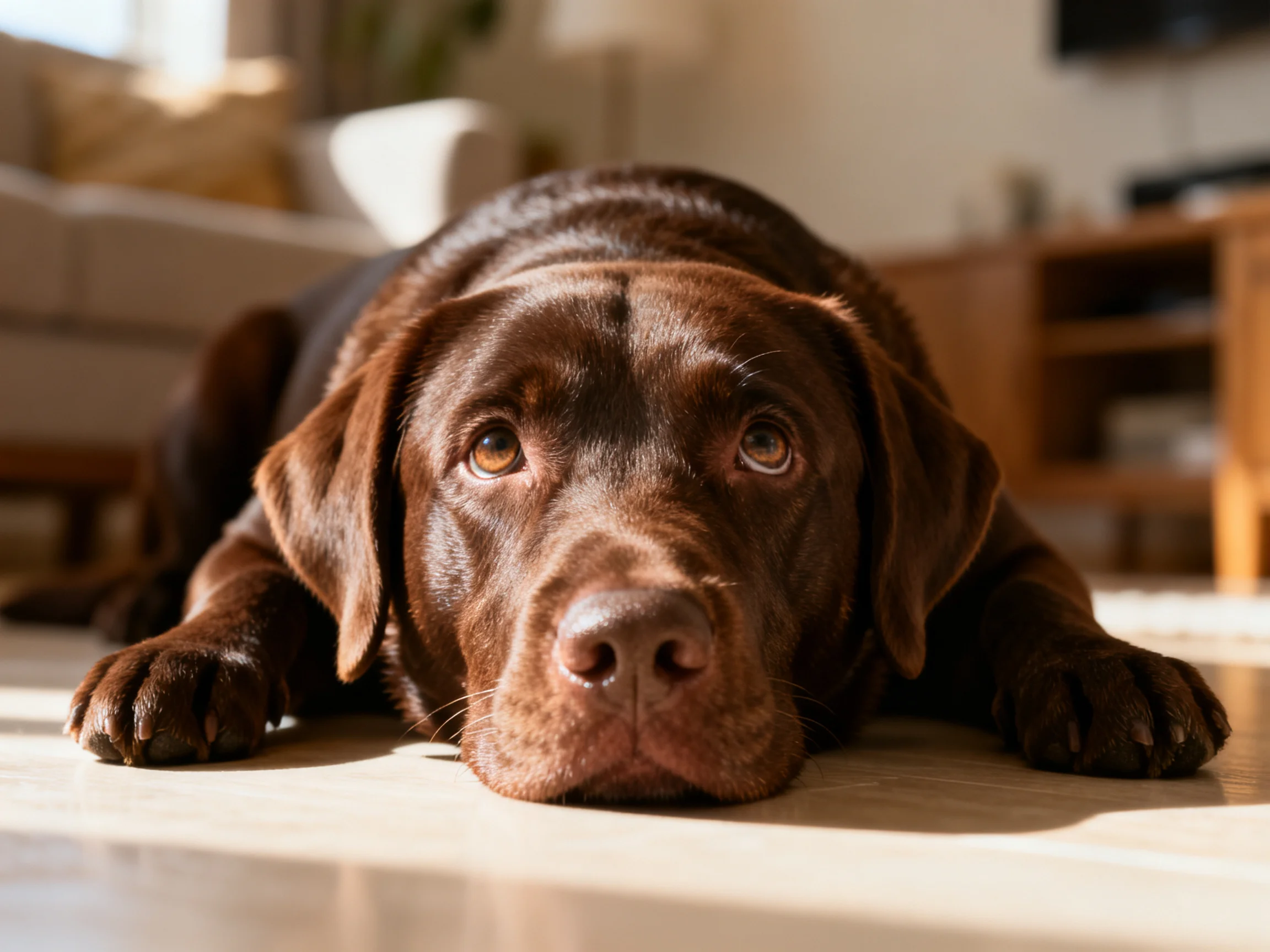 A chocolate Labrador lies on a sunlit living room floor