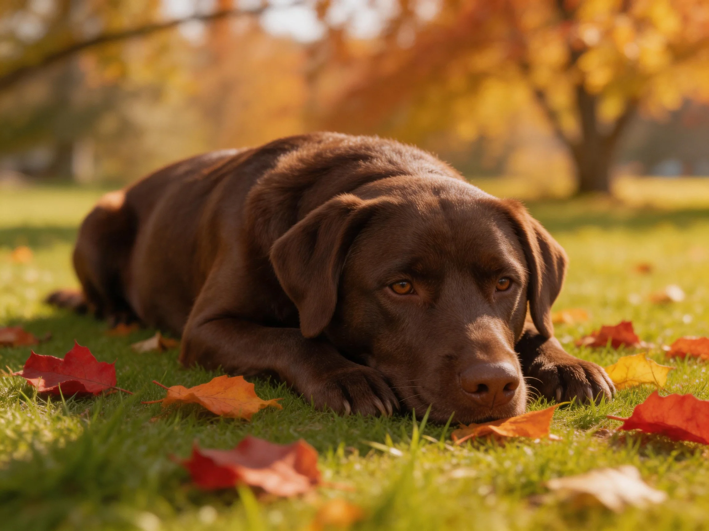 A chocolate Labrador rests among colorful autumn leaves on grass