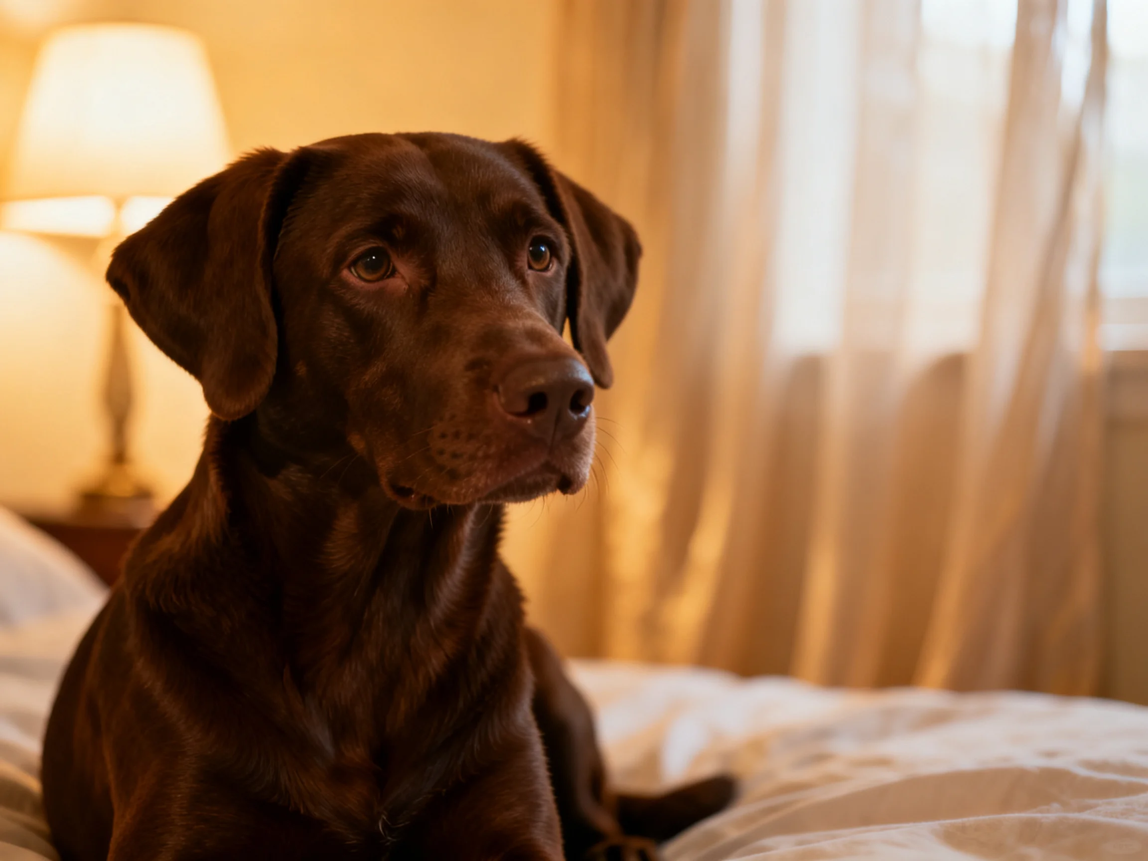 A chocolate Labrador rests on a bed in a warmly lit bedroom