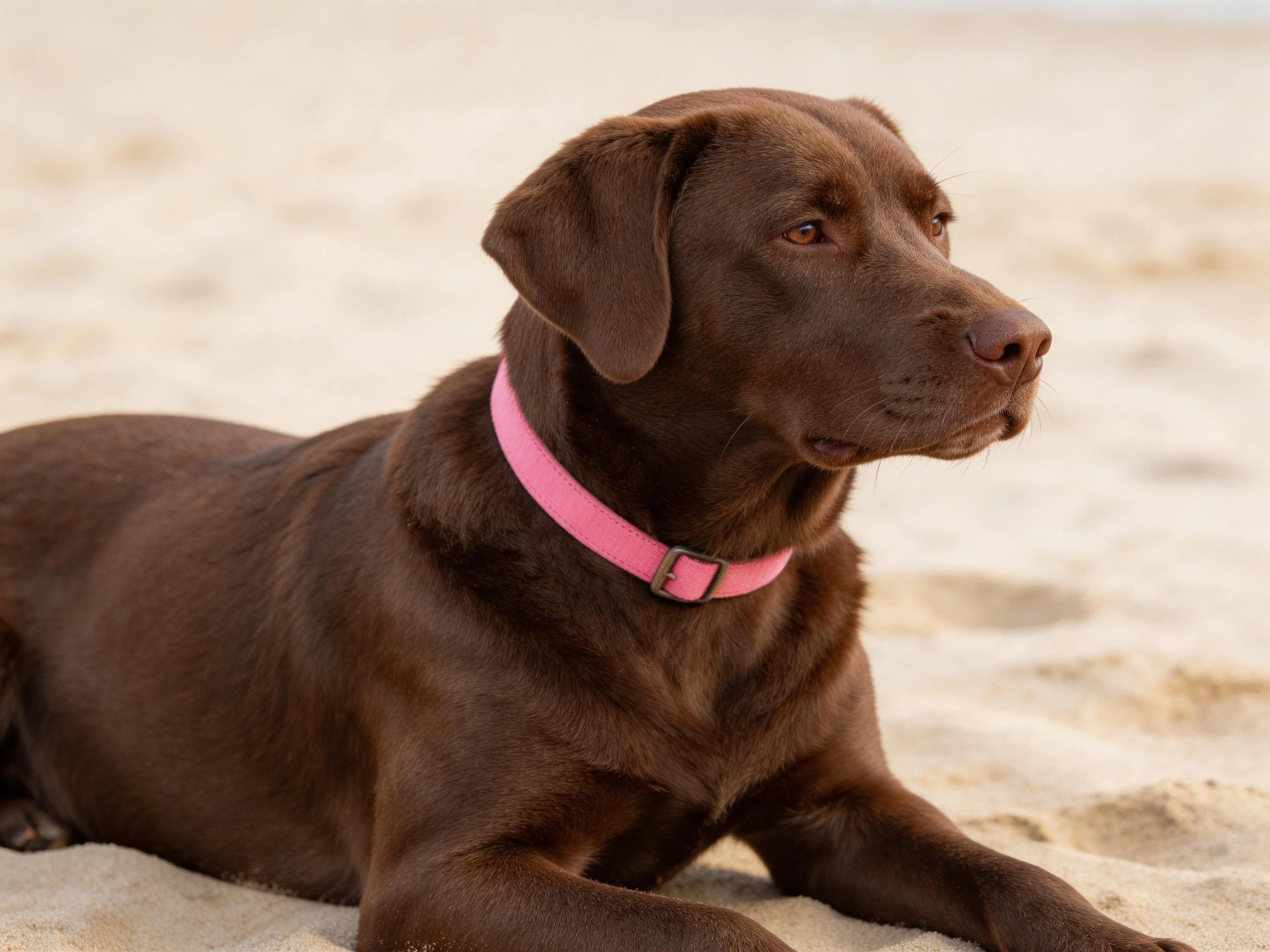 A chocolate Labrador lies calmly on sandy ground with a pink collar.