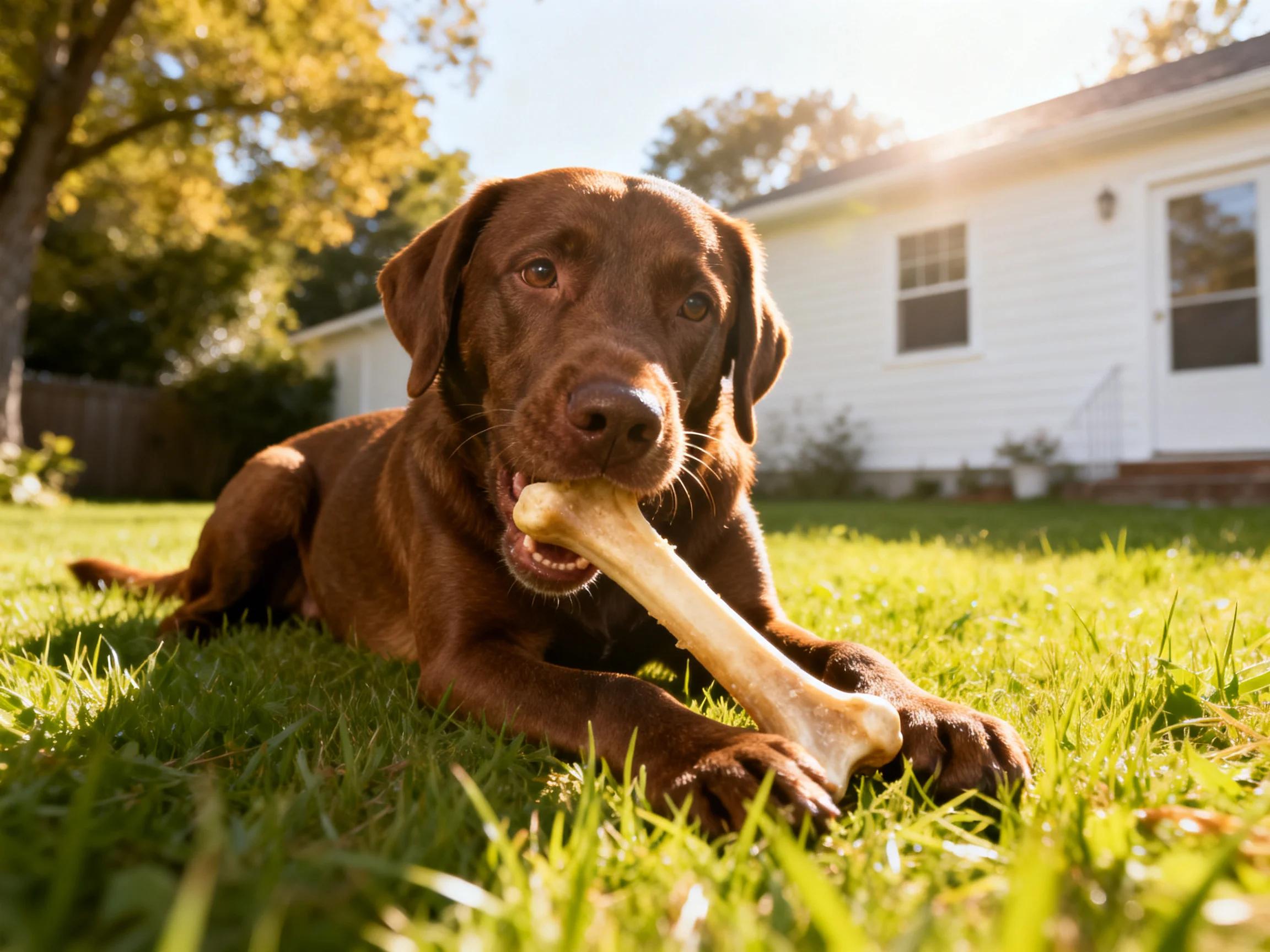 A chocolate Labrador retriever chews a large bone on green grass near a white house