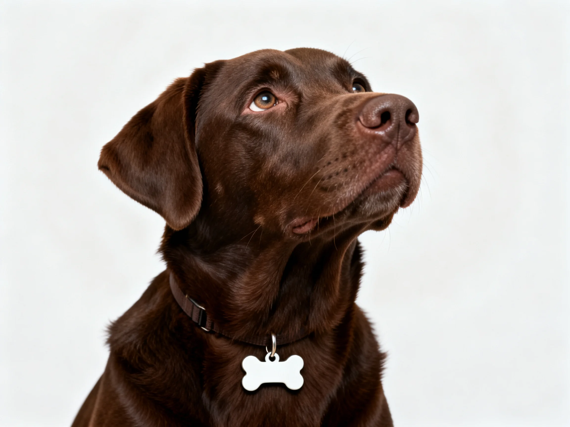 A chocolate Labrador retriever gazes upward against a plain white backdrop