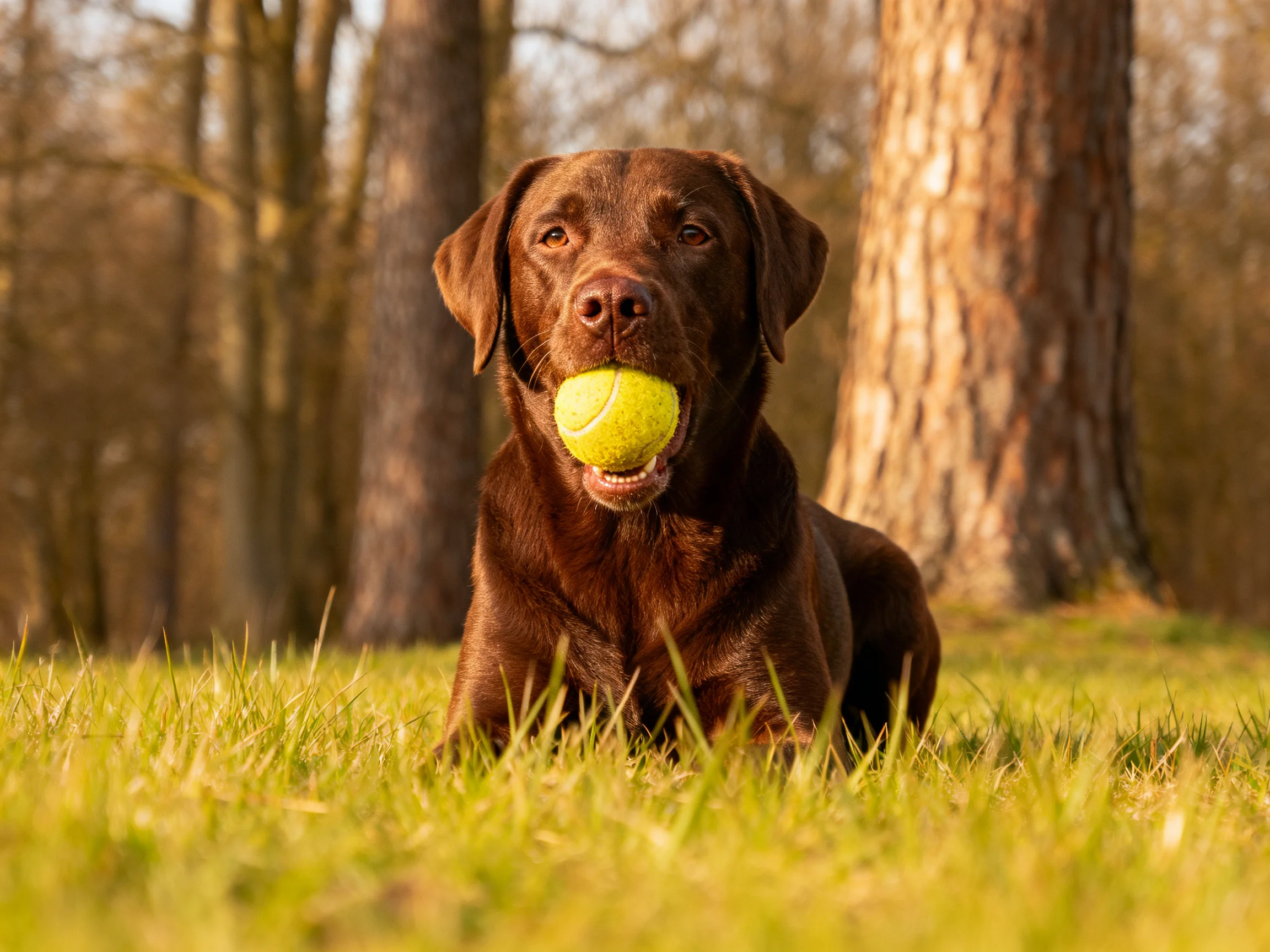 A chocolate Labrador retriever holds a bright yellow tennis ball in a sunlit forest clearing