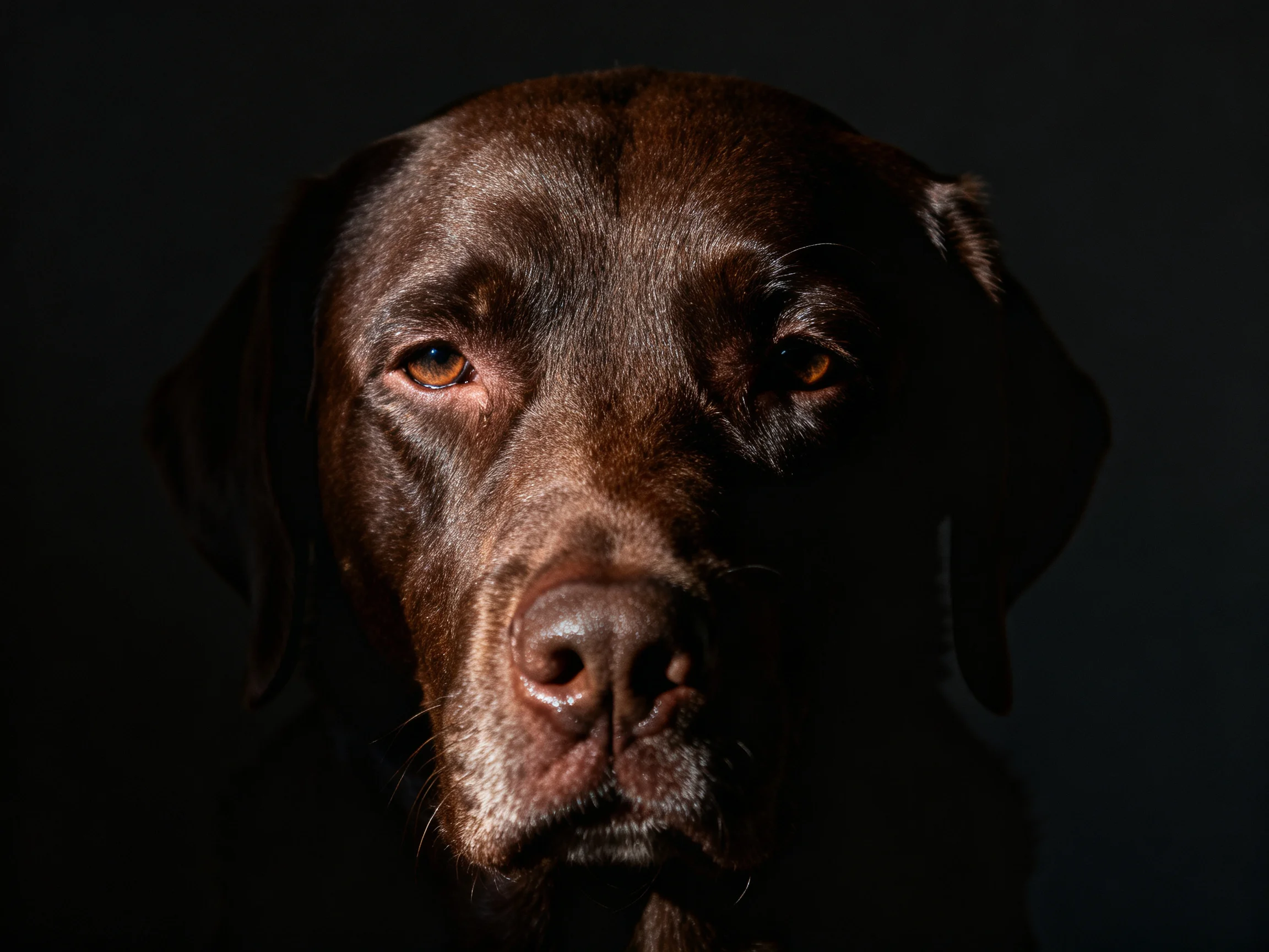 A chocolate Labrador retriever portrait with dramatic low-key lighting