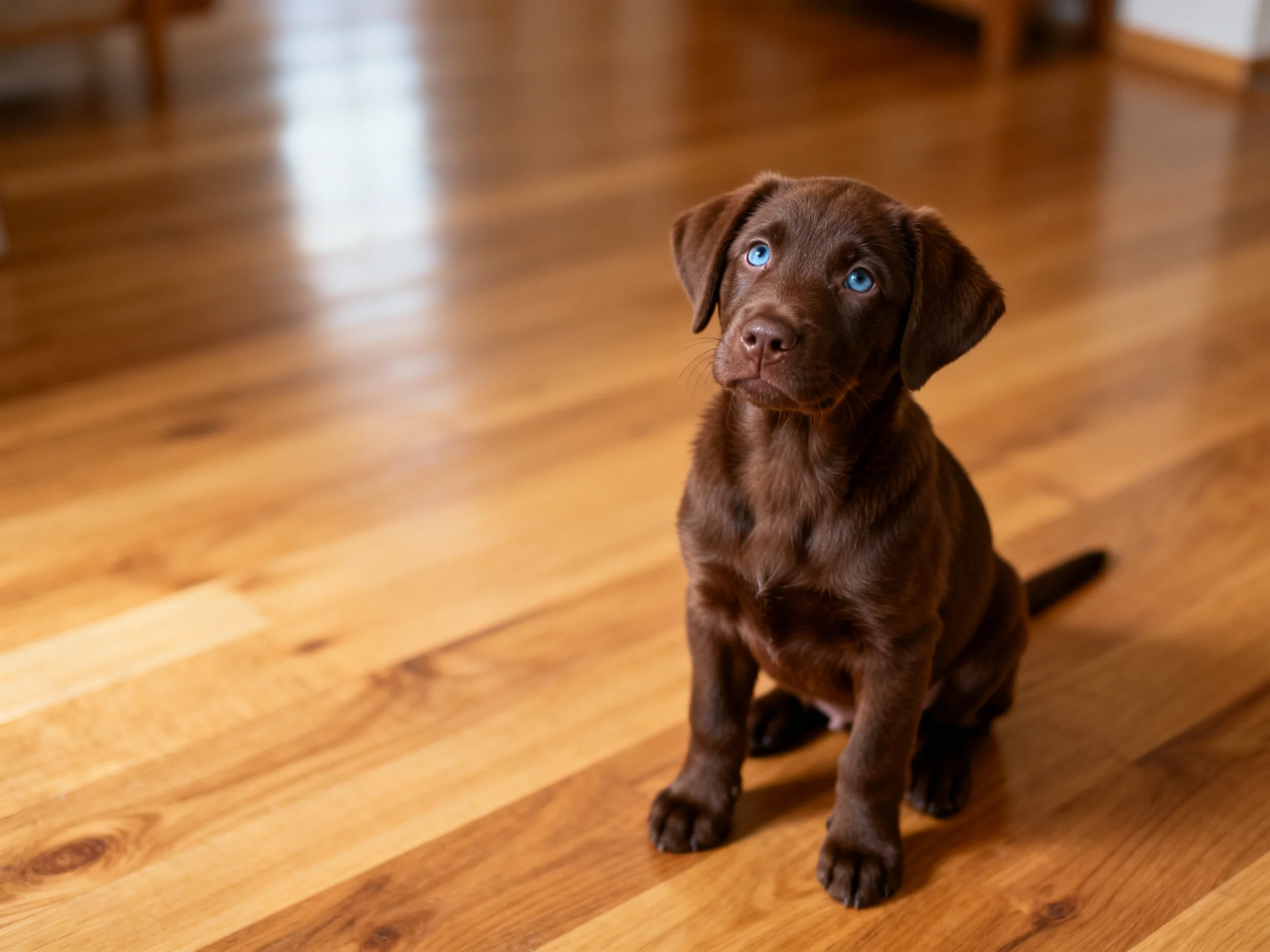 A chocolate Labrador retriever puppy sits on a polished wooden floor