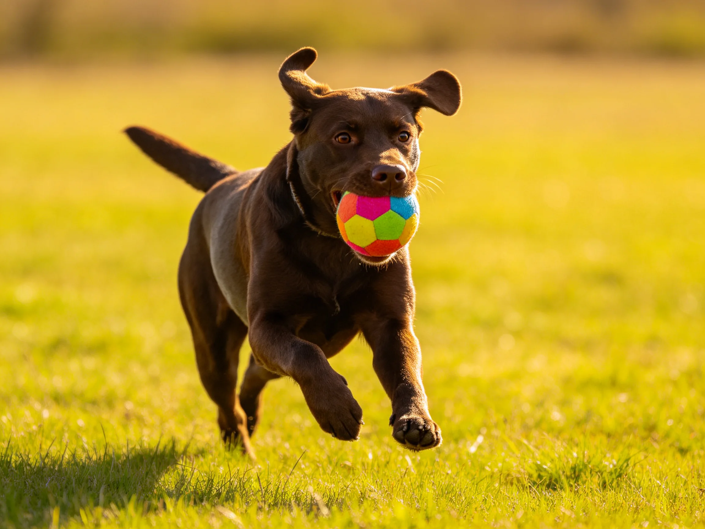 A chocolate Labrador retriever runs with a colorful ball on green grass