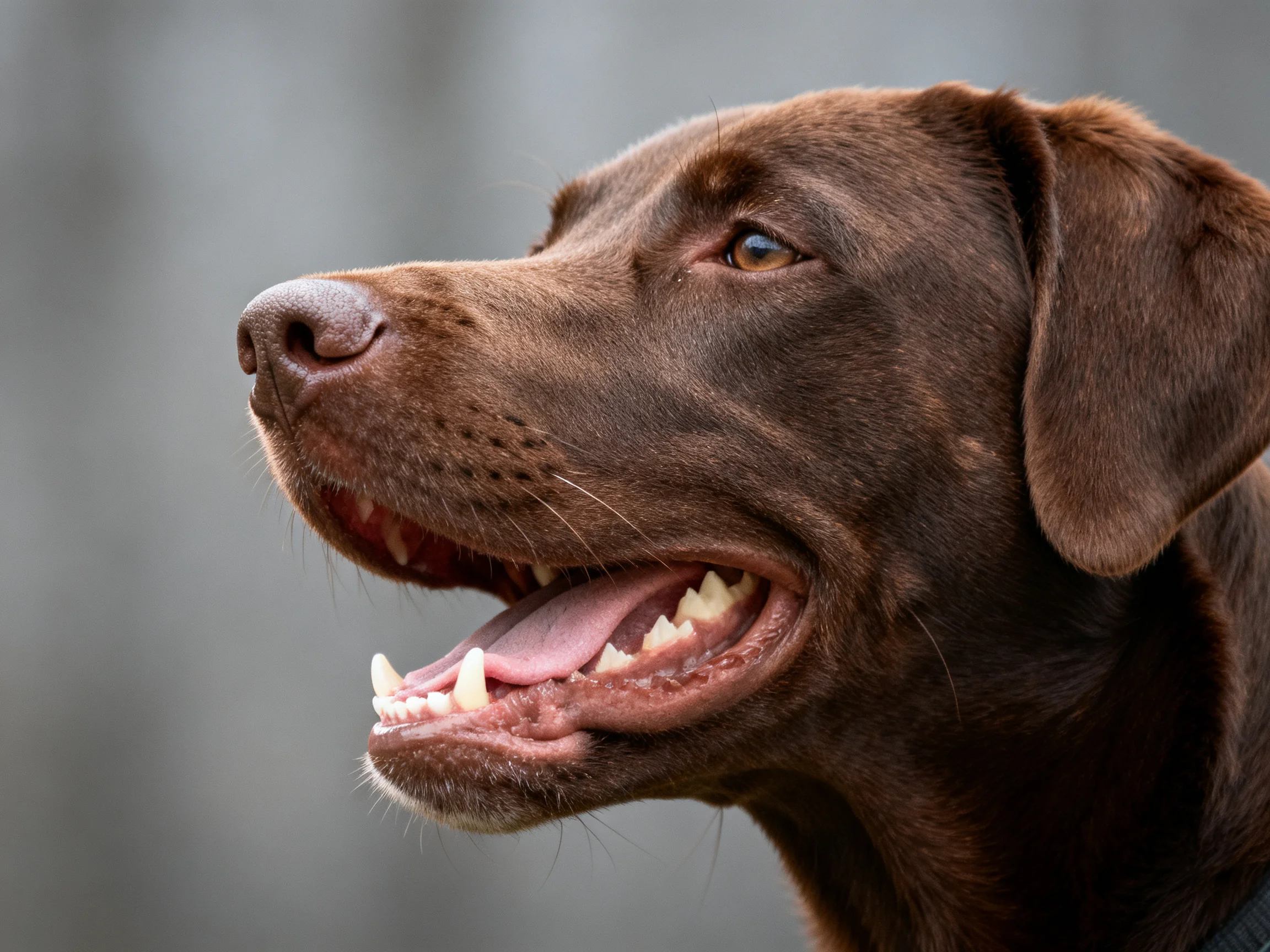 A chocolate Labrador retriever shown in a side profile