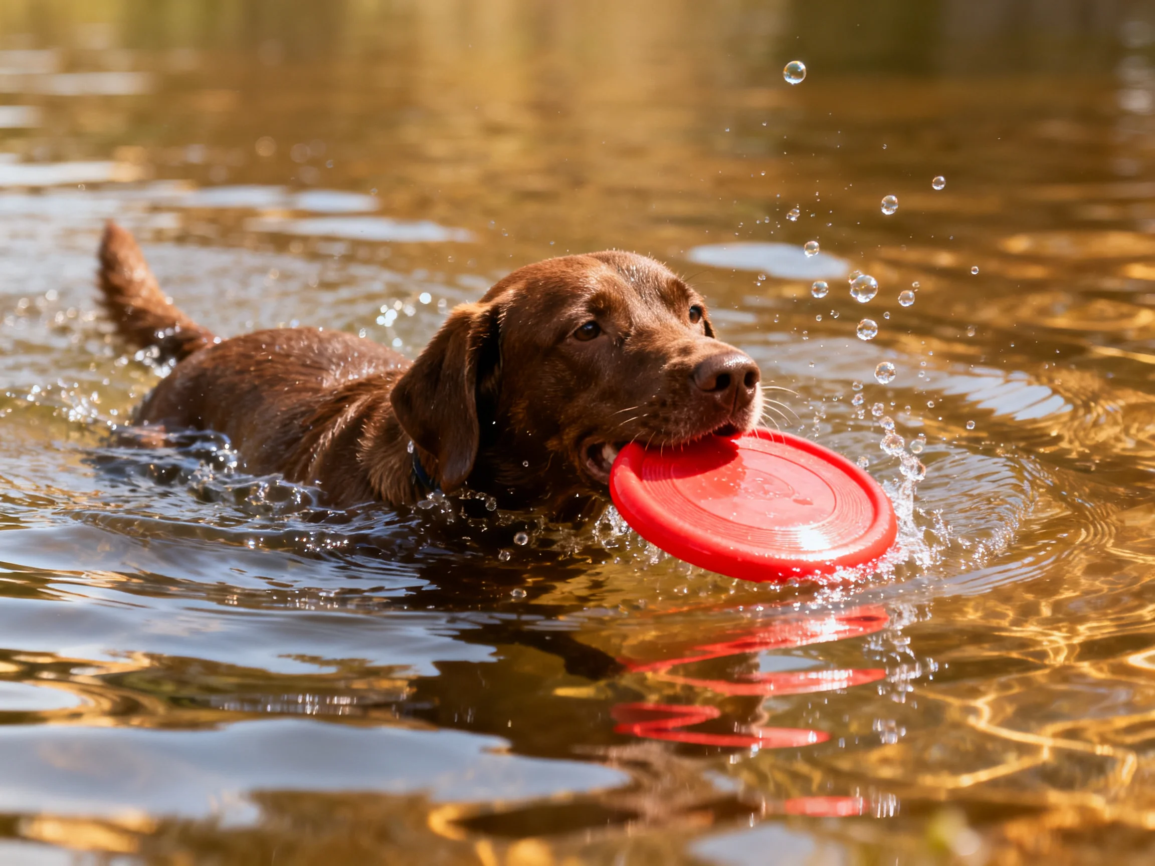 A chocolate Labrador retriever retrieves a red frisbee from the water.